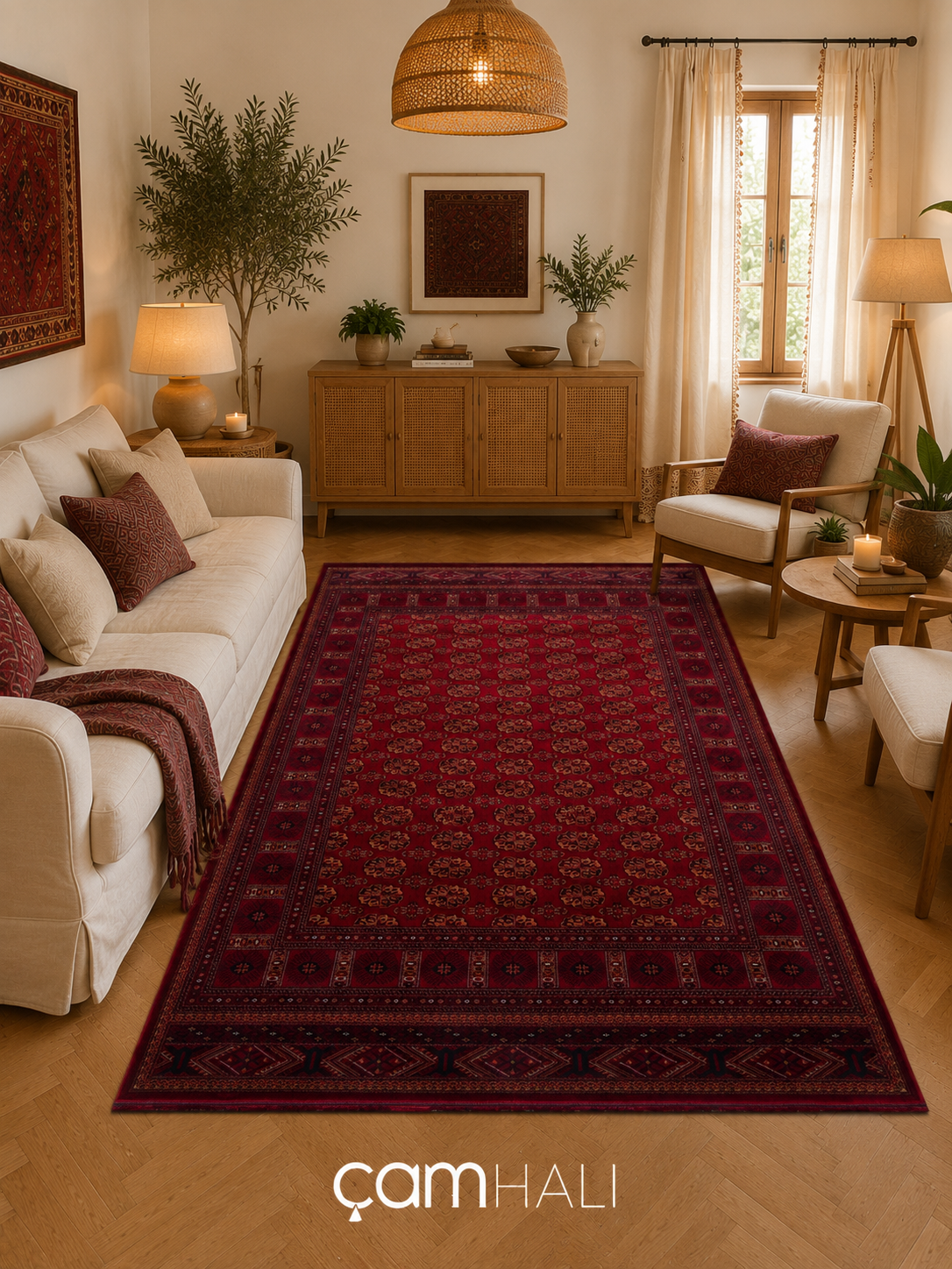 Eko Halı HERAT HER 03 RED Afgan Desenli Viskon Sıkı Dokuma Kaymaz Tabanlı İnce Makine Halısı