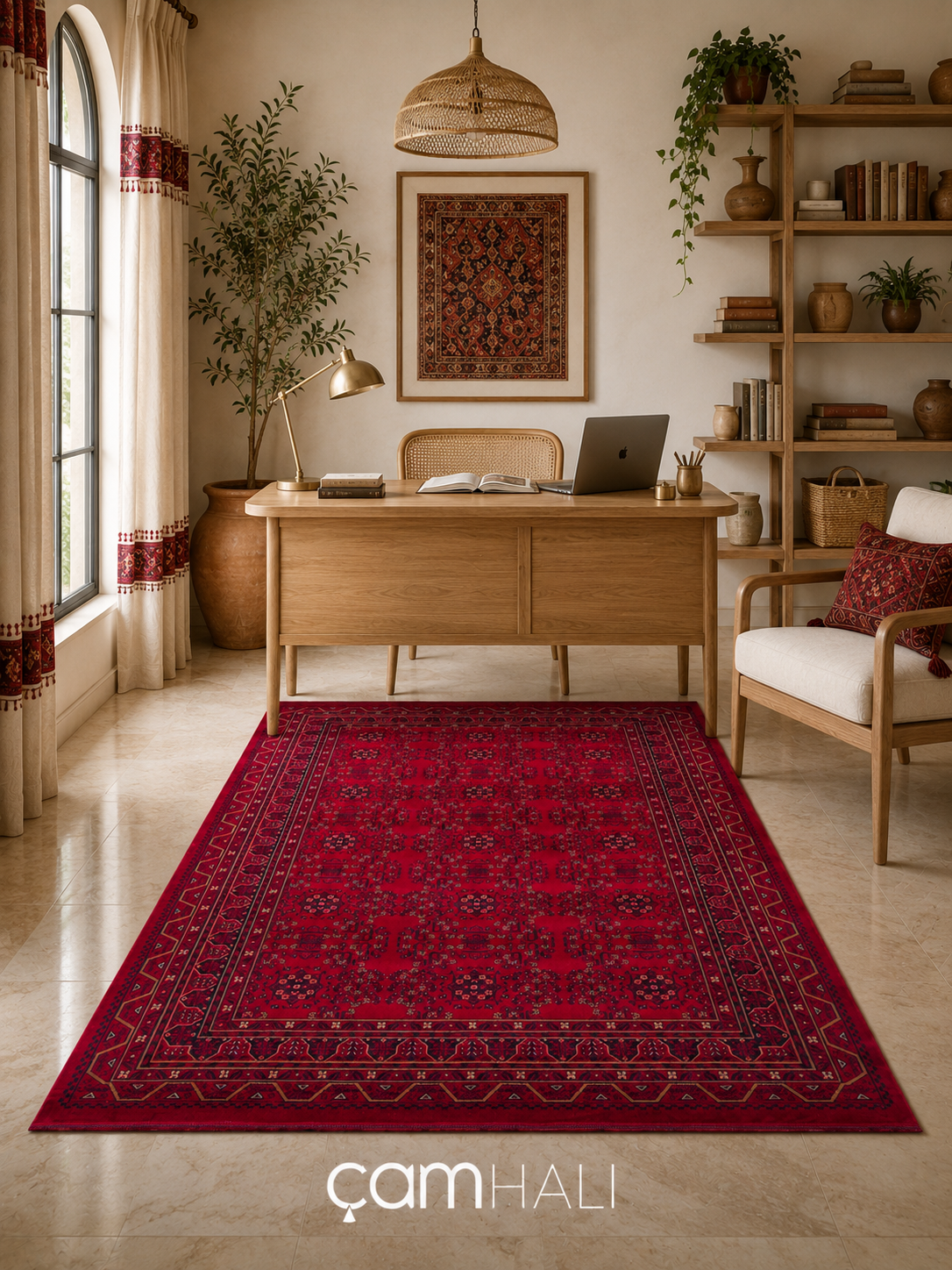 Eko Halı HERAT HER 04 RED Afgan Desenli Viskon Sıkı Dokuma Kaymaz Tabanlı İnce Makine Halısı