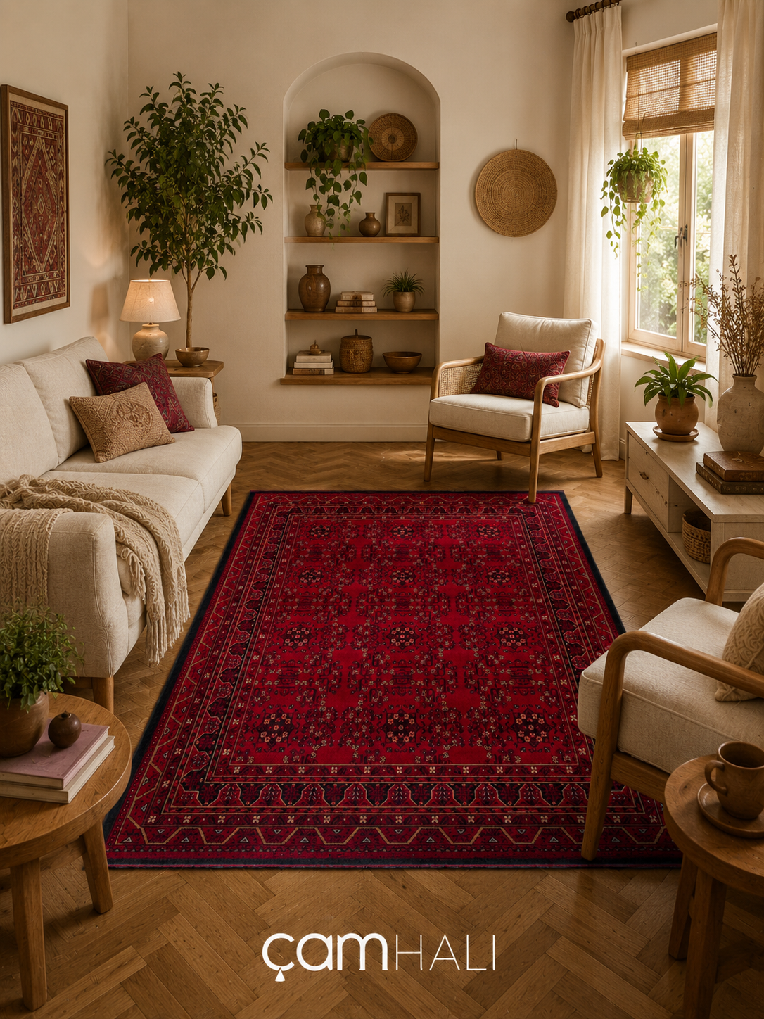 Eko Halı HERAT HER 04 RED Afgan Desenli Viskon Sıkı Dokuma Kaymaz Tabanlı İnce Makine Halısı