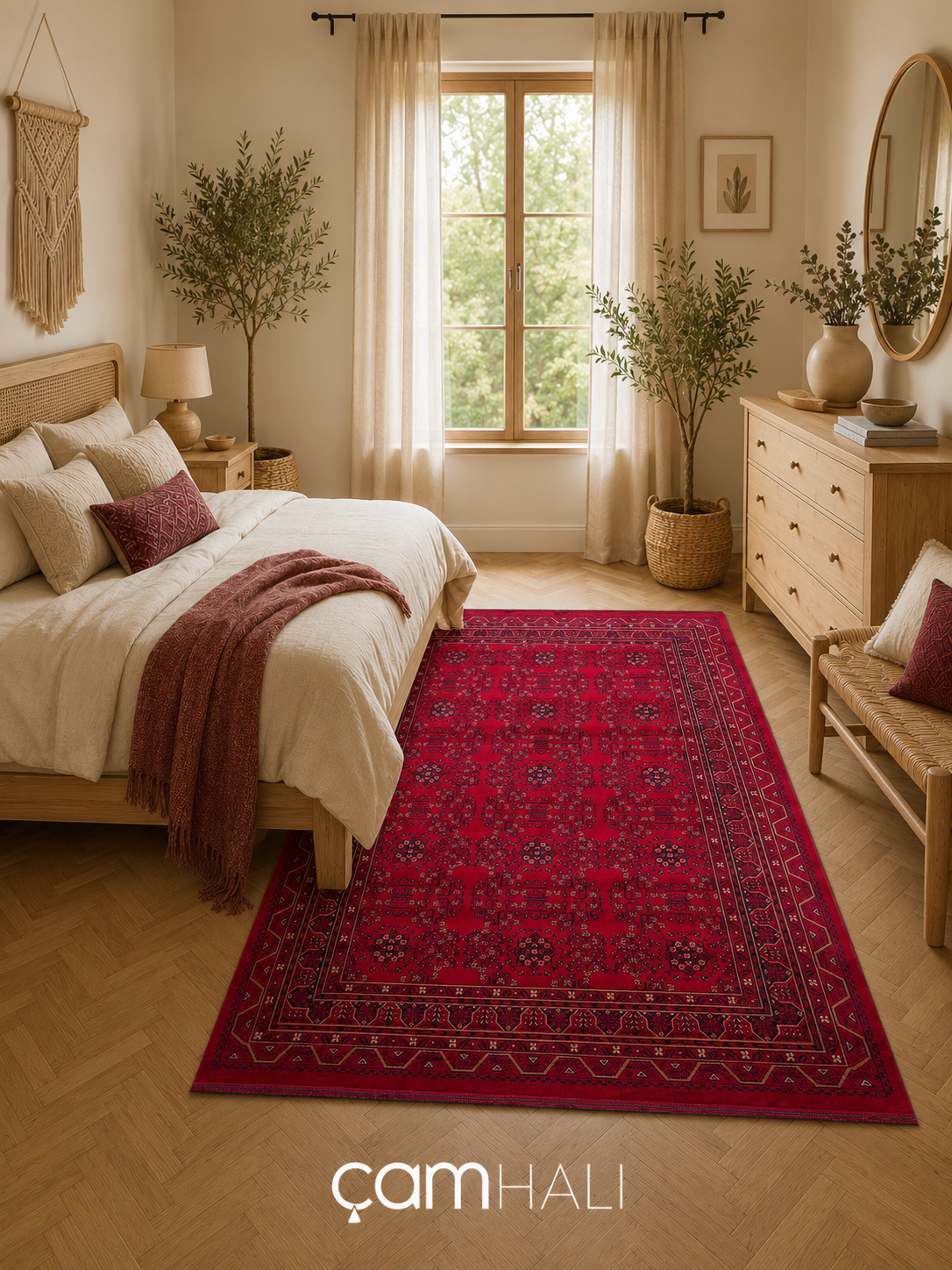 Eko Halı HERAT HER 04 RED Afgan Desenli Viskon Sıkı Dokuma Kaymaz Tabanlı İnce Makine Halısı