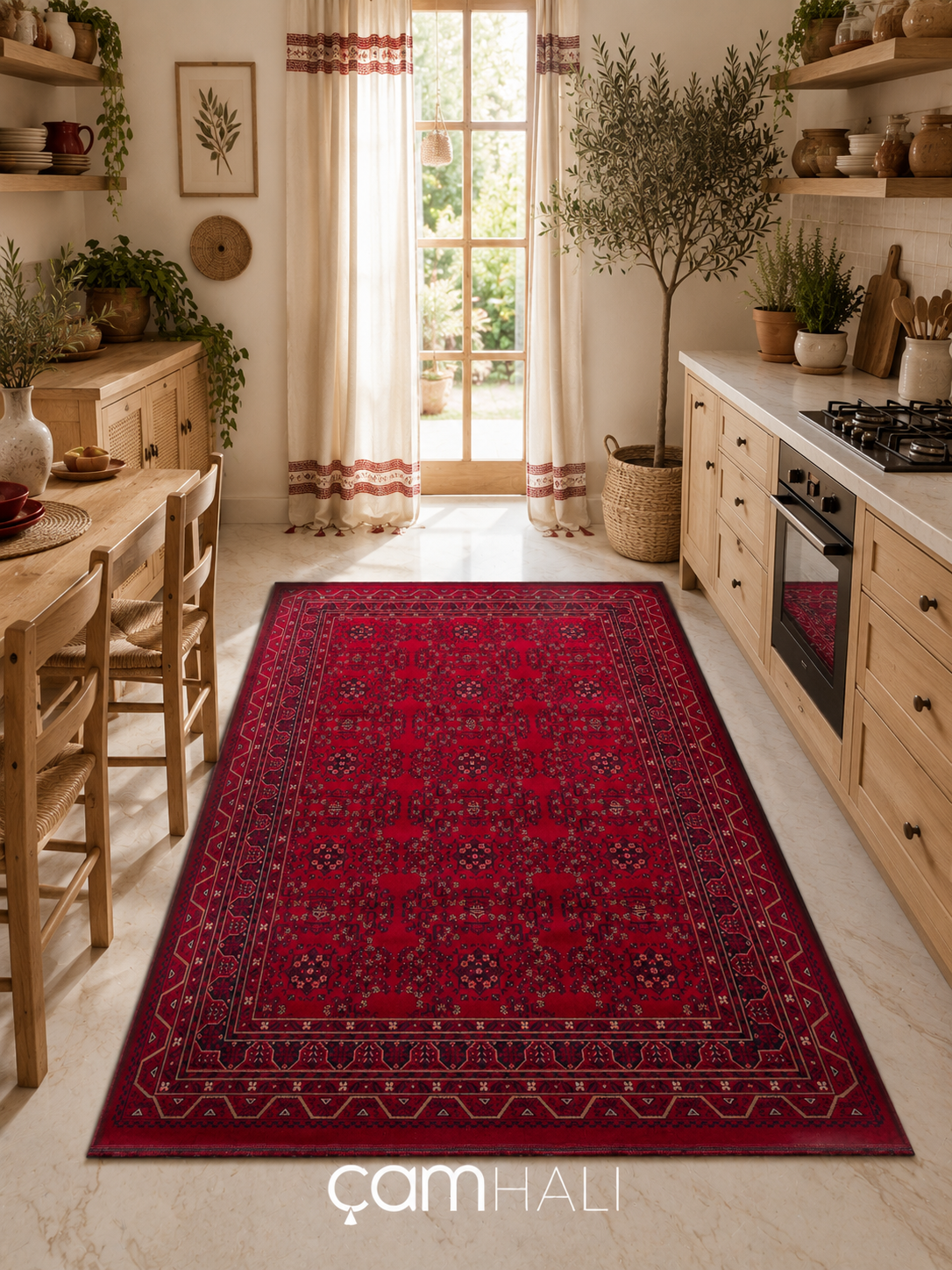 Eko Halı HERAT HER 04 RED Afgan Desenli Viskon Sıkı Dokuma Kaymaz Tabanlı İnce Makine Halısı