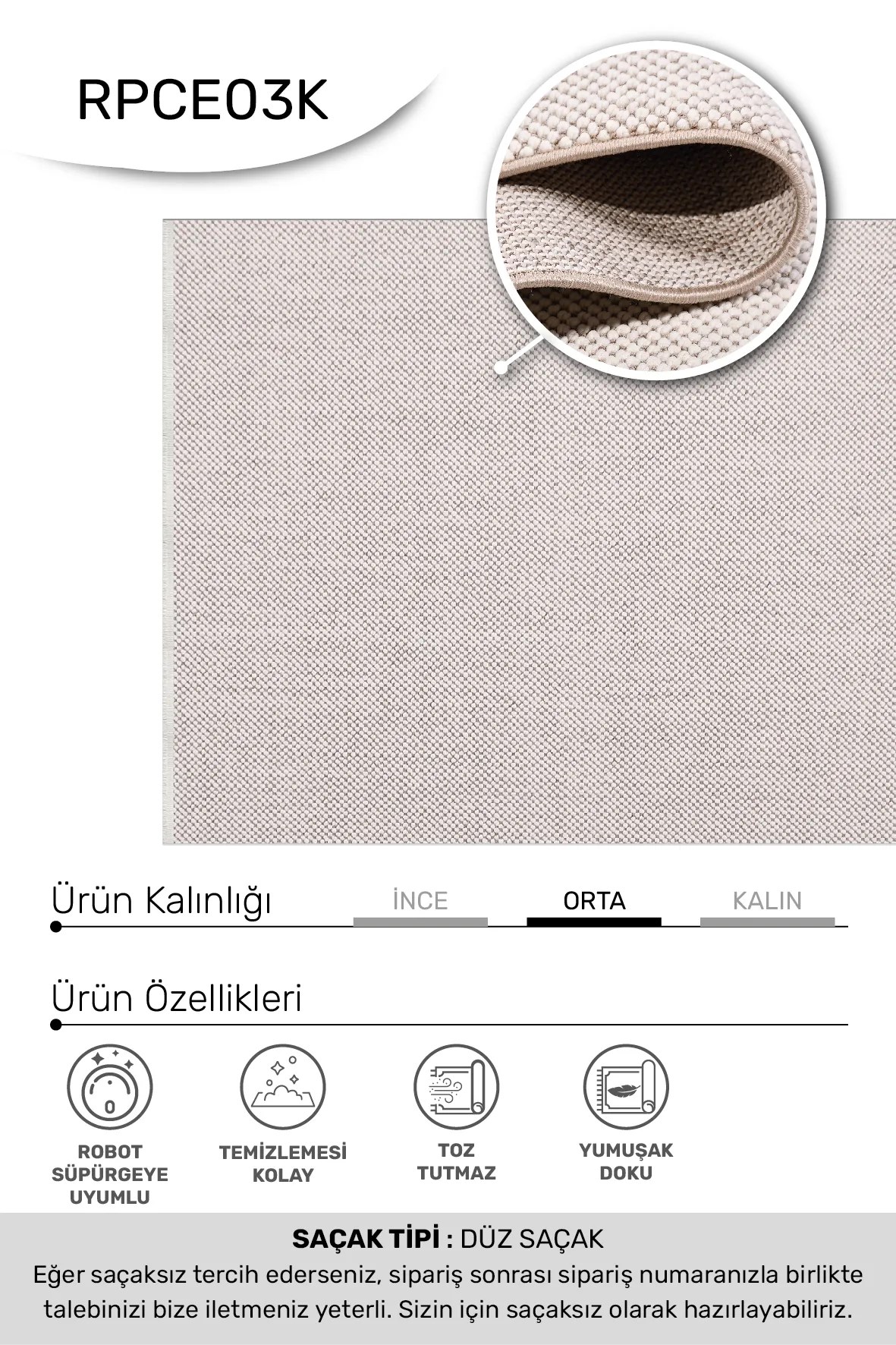 FUNDA-Beyaz/Vizon- Özel Ölçü- Oturma Odası, Koridor, Yatak Odası Halısı- Robot Süpürgeye Uyumlu-Kolay Temizlenebilir- Uygun Fiyat