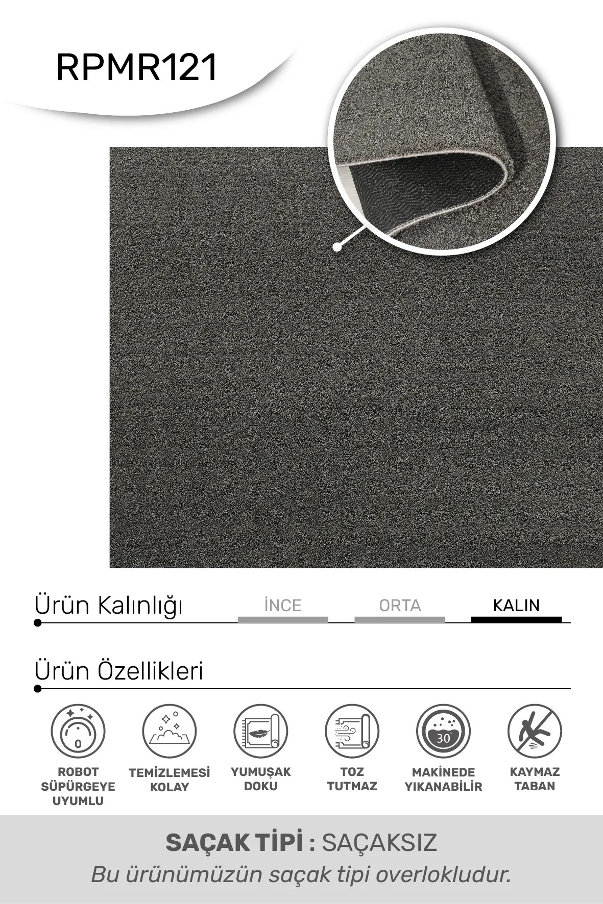 Mars-Antrasit-Premium Kadifemsi Halı Oturma Odası-Salon-Mutfak-Kaymaz Taban -Yıkanabilir-Modern