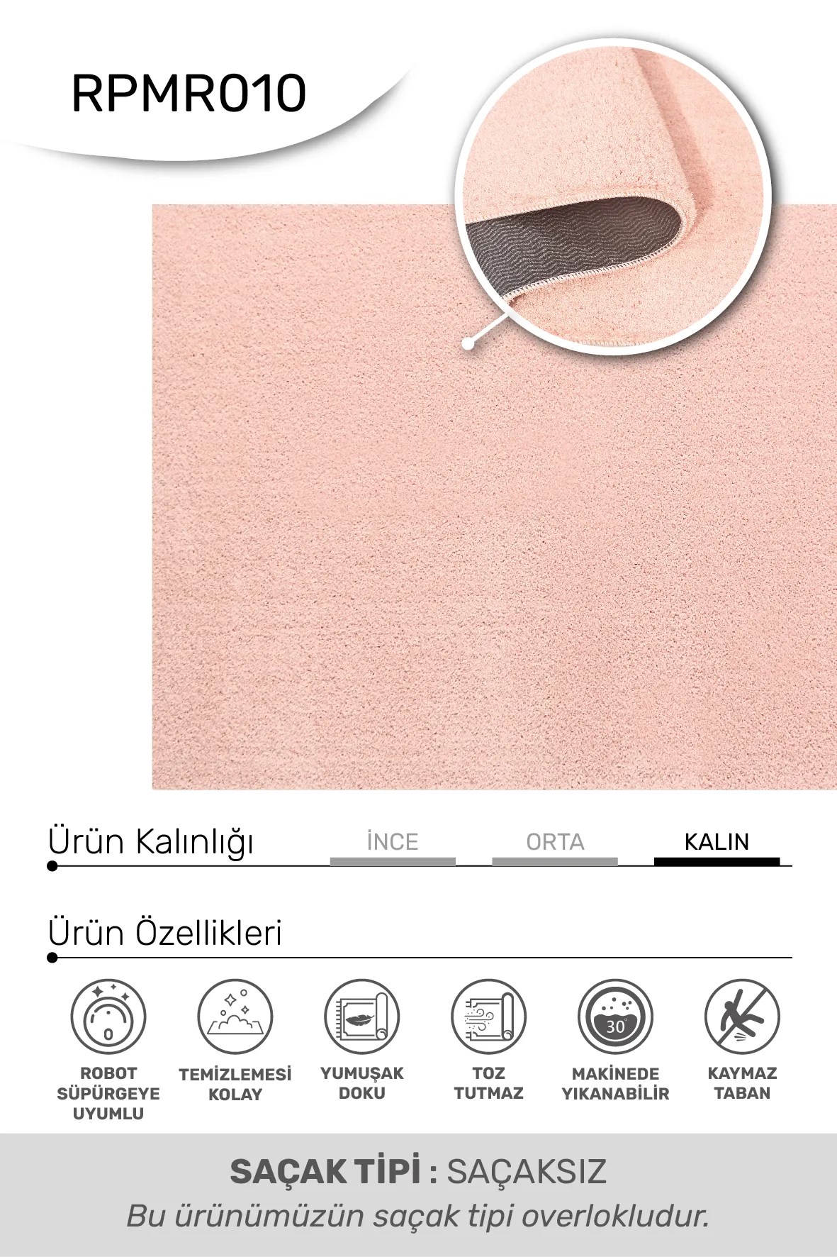 Mars-PEMBE-Premium Kadifemsi Halı Oturma Odası-Salon-Mutfak-Kaymaz Taban -Yıkanabilir-Modern