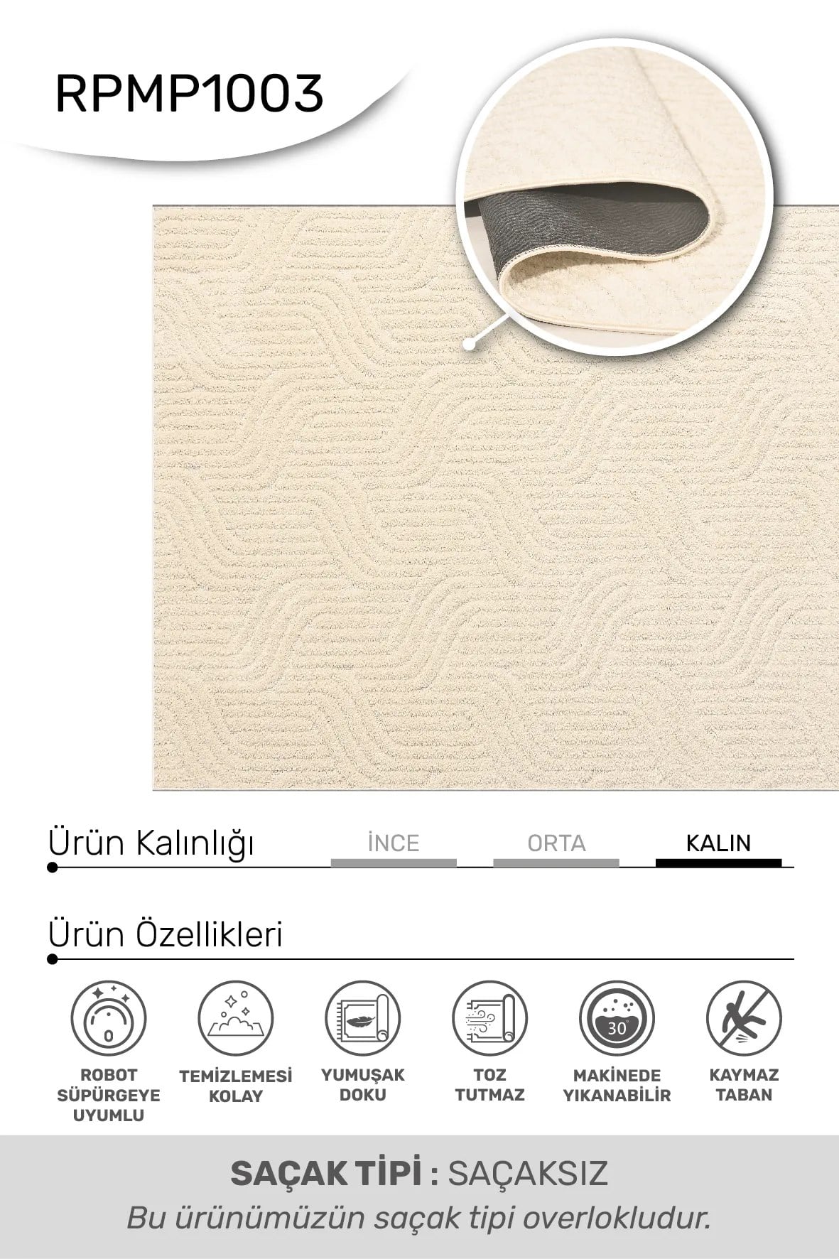 MODA- Krem Halı-Salon-Oturma Odası-Mutfak-Yıkanabilir-Robot Süpürge-Kaymaz Taban-Modern