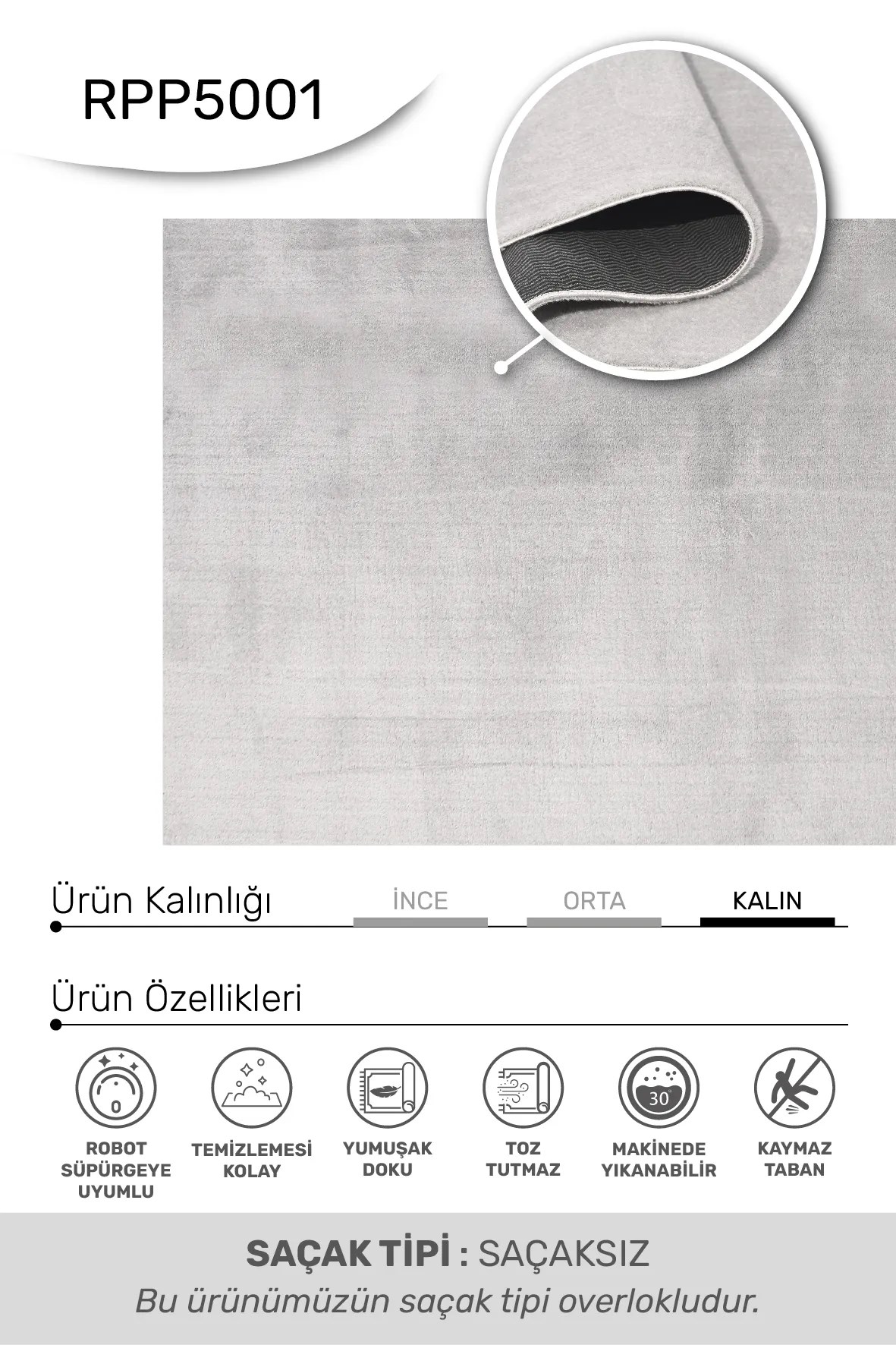 POLY Peluş Halı-Gri- Salon-Mutfak-Antre-Oturma Odası-Yumuşak-Kaymaz Taban-Yıkanabilir–Modern-Uygun Fiyat