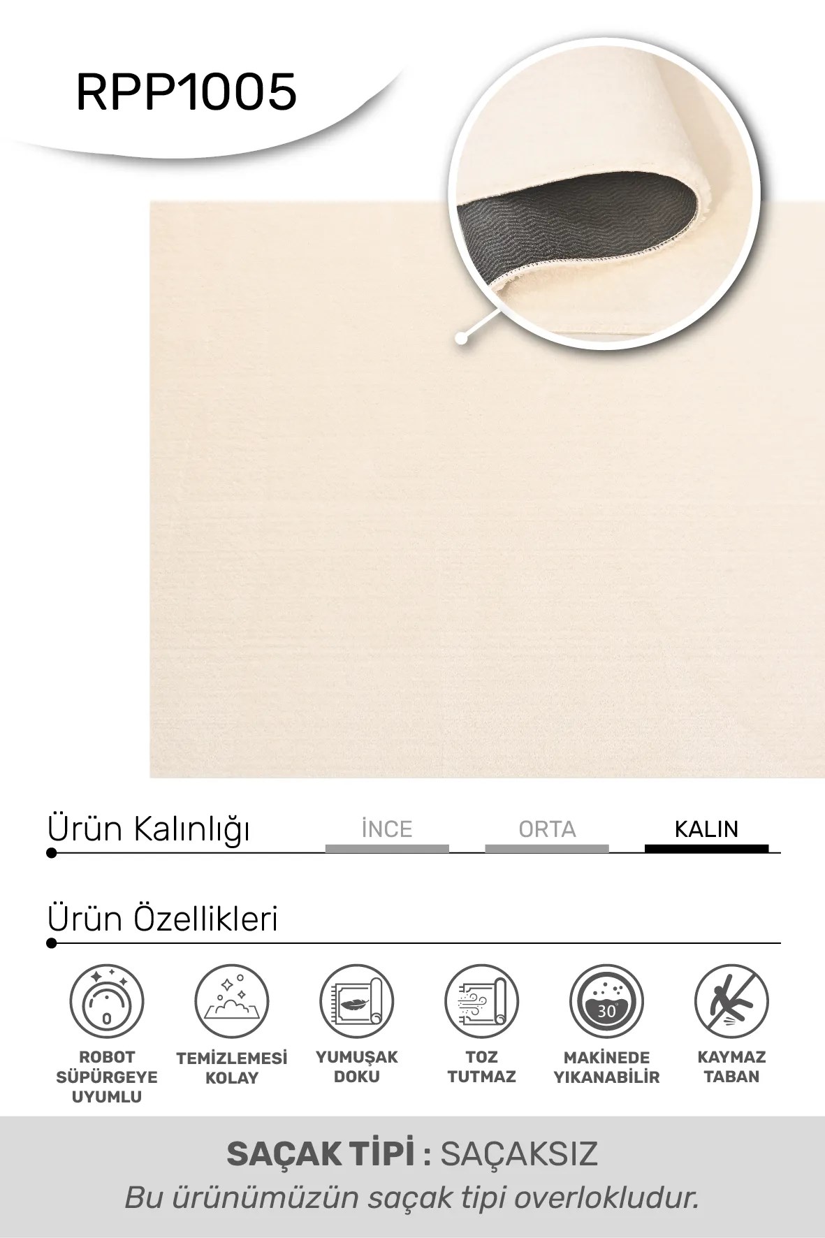 POLY Peluş Halı-Krem-  Salon-Mutfak-Antre-Oturma Odası-Yumuşak-Kaymaz Taban-Yıkanabilir–Modern-Uygun Fiyat