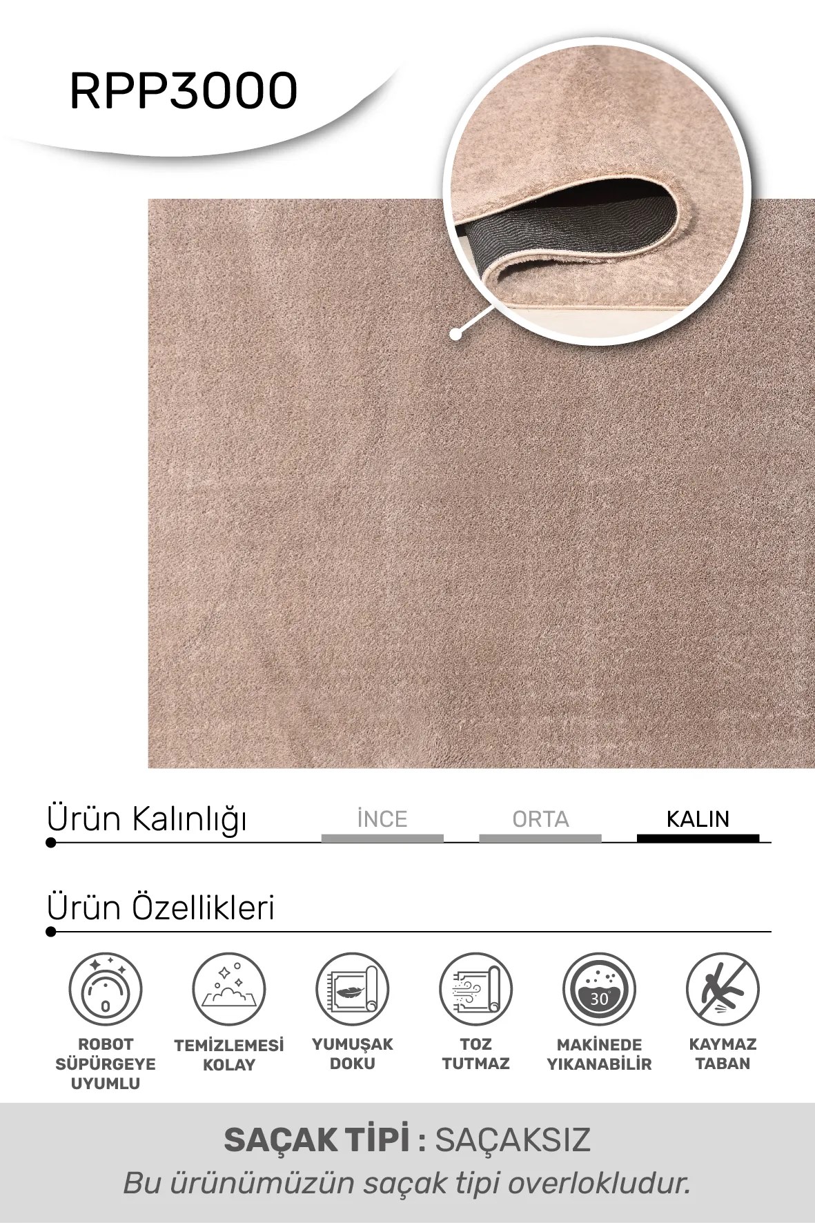 POLY Peluş Halı-Vizon -  Salon-Mutfak-Antre-Oturma Odası-Yumuşak-Kaymaz Taban-Yıkanabilir–Modern-Uygun Fiyat