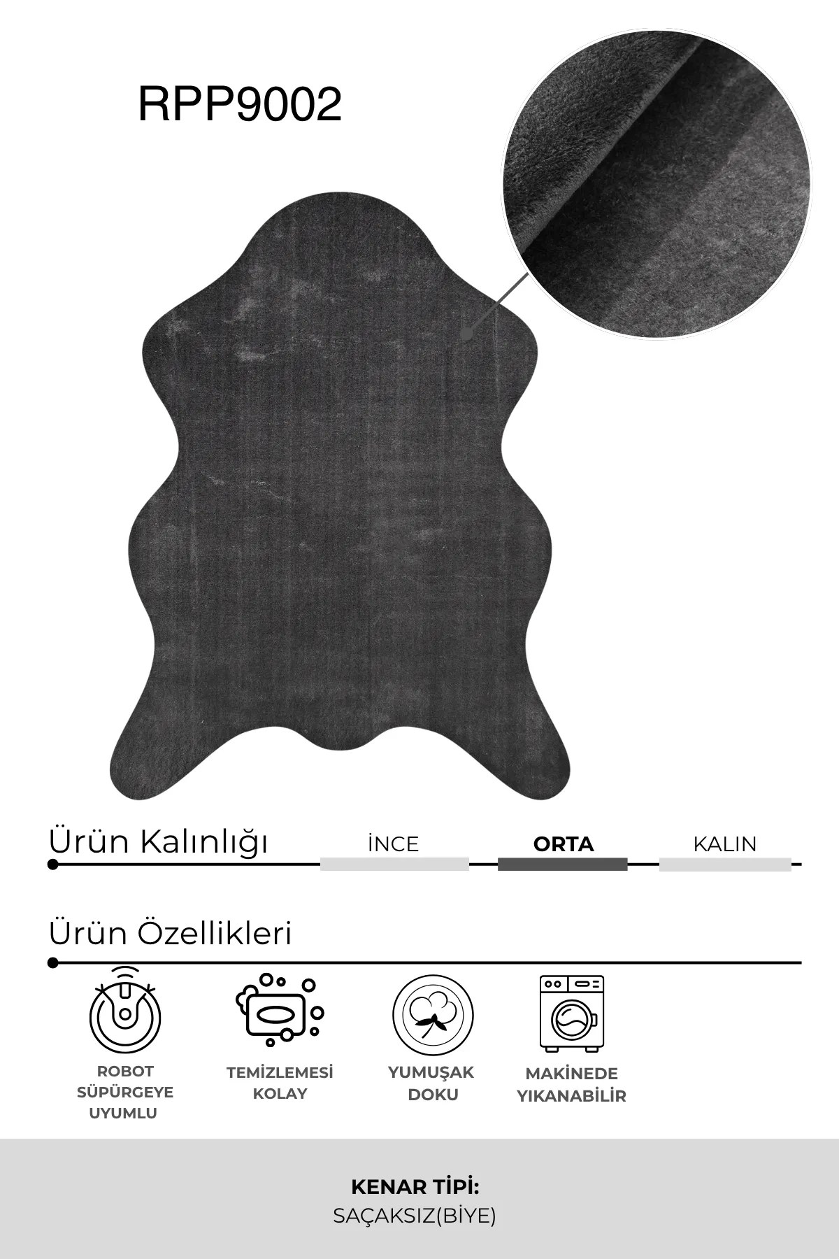 POLY Peluş Post Şeklinde Halı- Antrasit - Salon-Antre-Oturma Odası-Yumuşak-Kaymaz Taban-Yıkanabilir–Modern-Uygun Fiyat