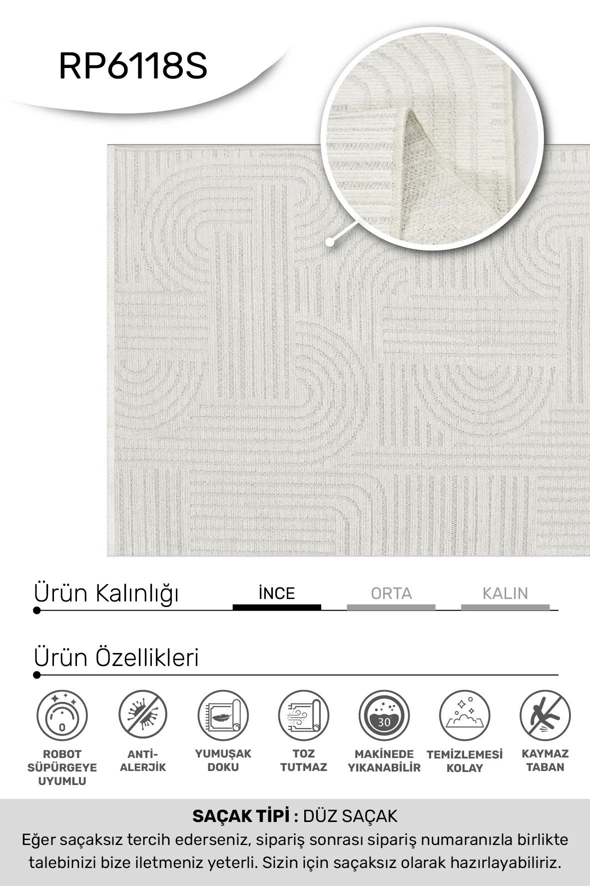 RİNA-Beyaz - Özel Ölçü-Oturma Odası, Koridor Halısı-Kaymaz Taban-Robot Süpürgeye Uyumlu-Kolay Temizlenebilir-Uygun Fiyat
