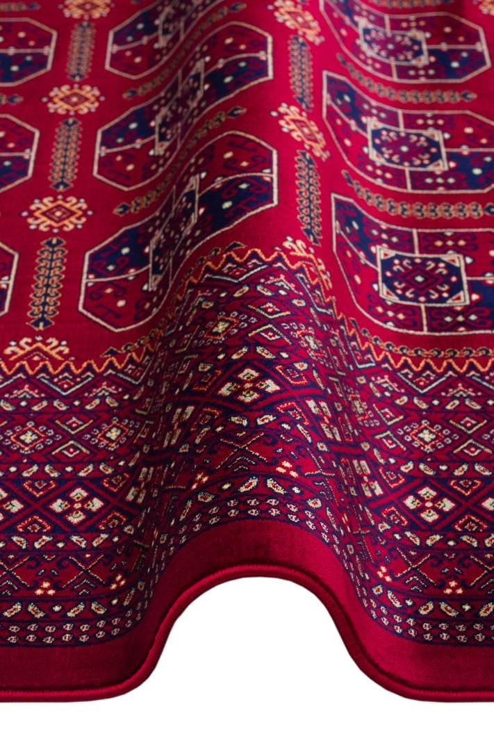 SATEEN AFGHAN SFG 02 RED Afgan Desenlerine Sahip Hav Vermeyen Özel İplerle Dokunan Yıkanabilir ve Özel Kaymaz Tabanlı Sık Dokuma Makine Halısı