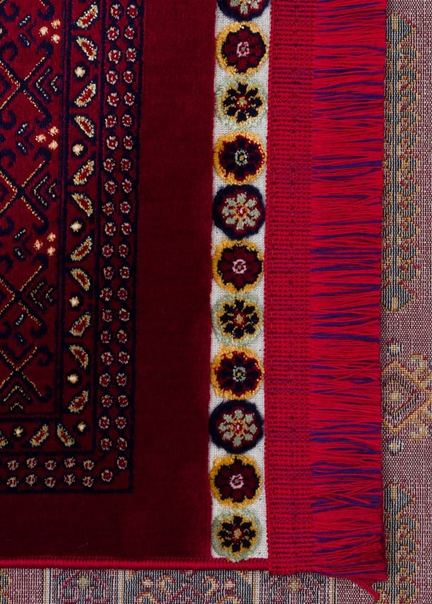 SATEEN AFGHAN SFG 02 RED Afgan Desenlerine Sahip Hav Vermeyen Özel İplerle Dokunan Yıkanabilir ve Özel Kaymaz Tabanlı Sık Dokuma Makine Halısı