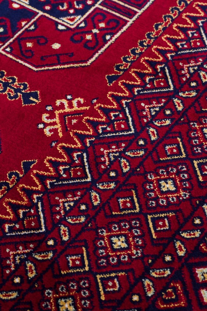 SATEEN AFGHAN SFG 02 RED Afgan Desenlerine Sahip Hav Vermeyen Özel İplerle Dokunan Yıkanabilir ve Özel Kaymaz Tabanlı Sık Dokuma Makine Halısı