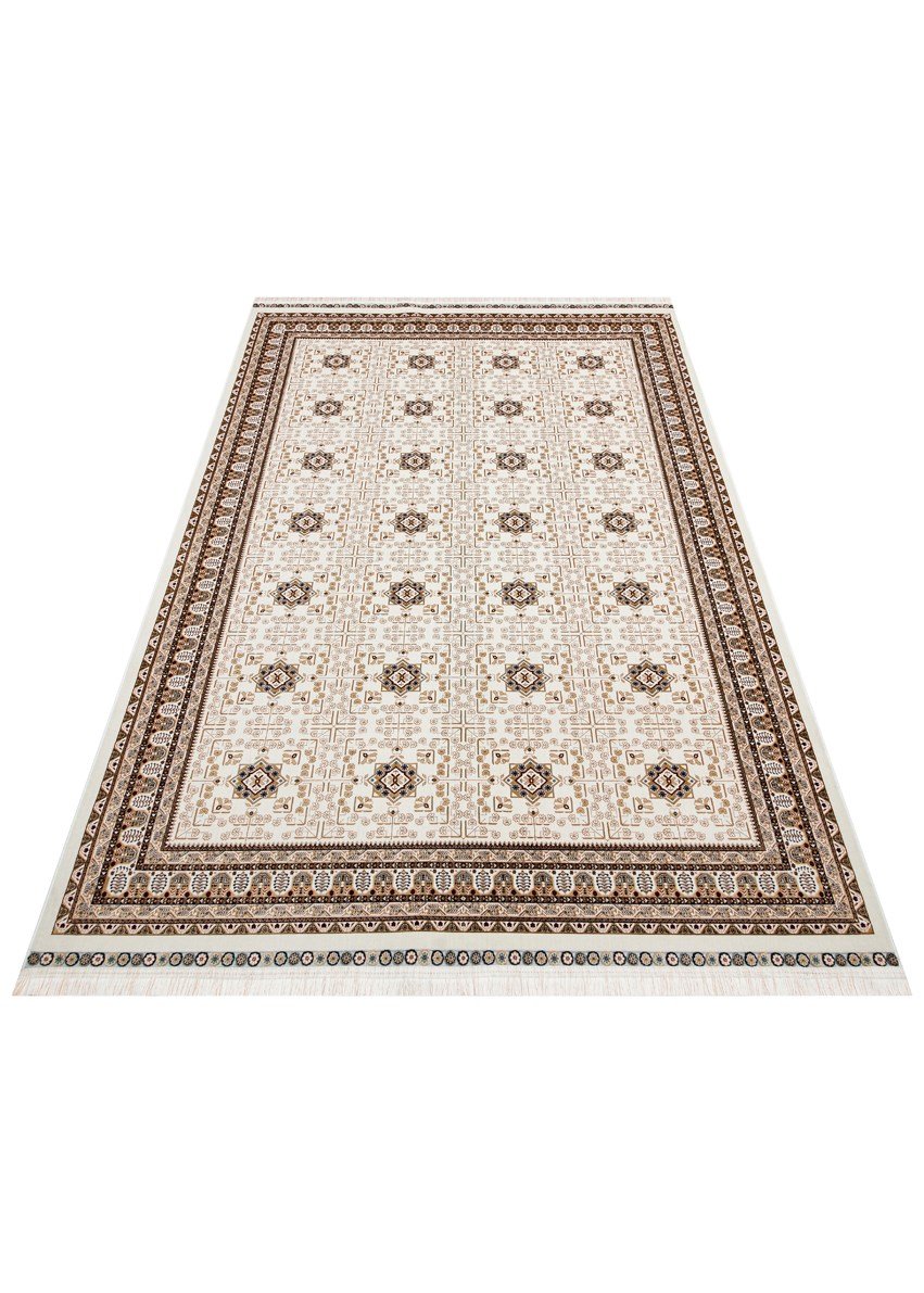 SATEEN AFGHAN SFG 03 BEİGE Afgan Desenlerine Sahip Hav Vermeyen Özel İplerle Dokunan Yıkanabilir ve Özel Kaymaz Tabanlı Sık Dokuma Makine Halısı