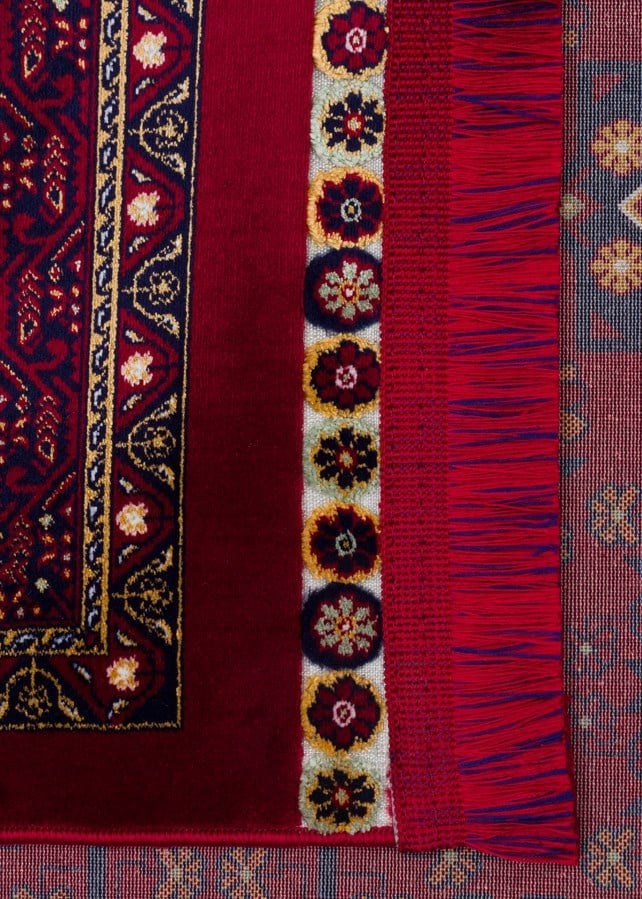 SATEEN AFGHAN SFG 03 RED Afgan Desenlerine Sahip Hav Vermeyen Özel İplerle Dokunan Yıkanabilir ve Özel Kaymaz Tabanlı Sık Dokuma Makine Halısı