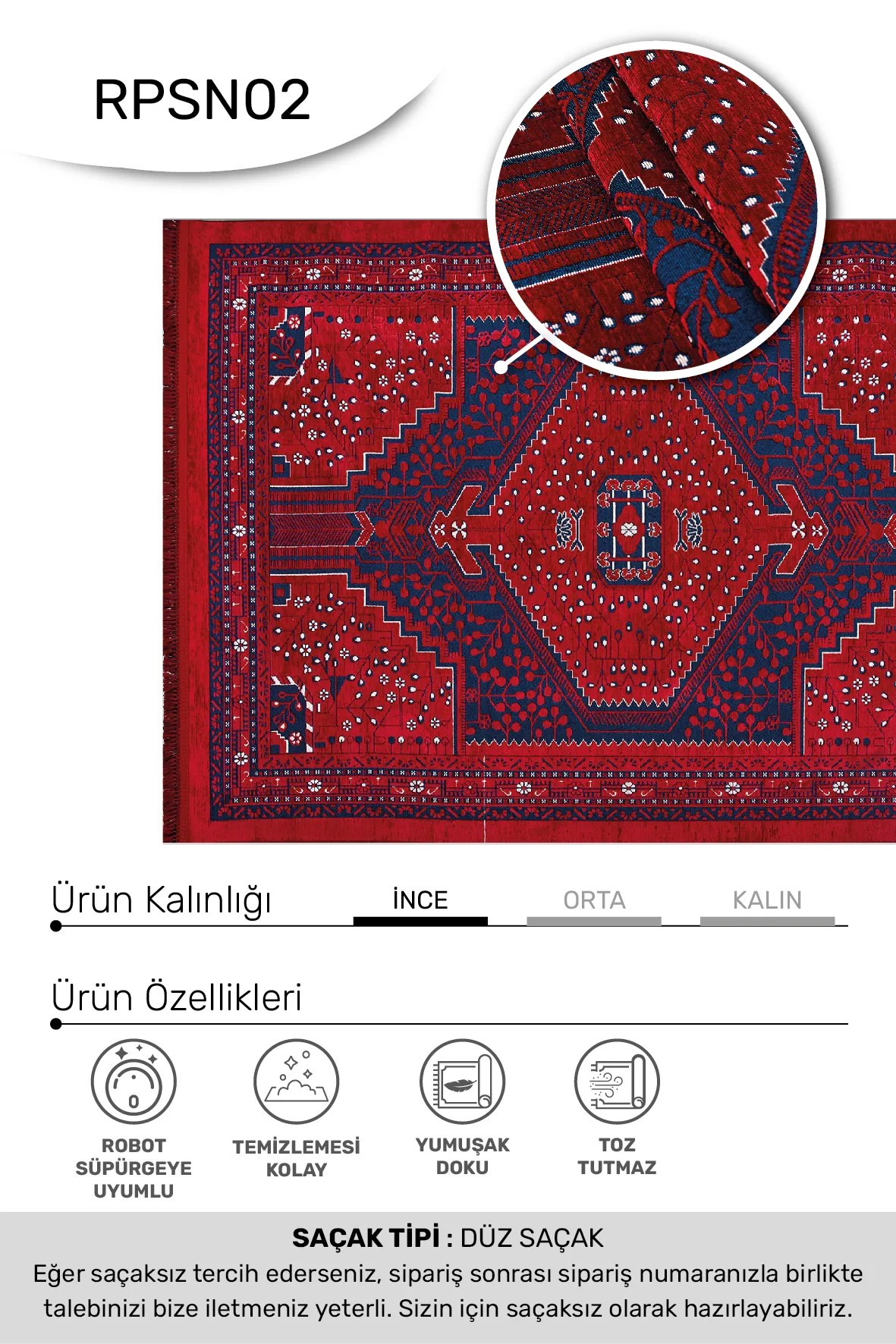 SİNA -Kırmızı / Lacivert -Oturma Odası,Salon- Robot Süpürgeye Uyumlu -Kolay Temizlenebilir
