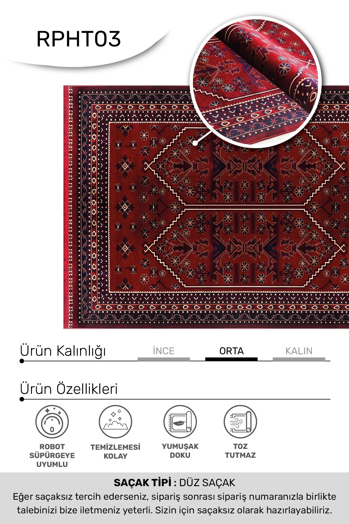 TALYA- Kırmızı / Lacivert - Sabit Ölçü- Oturma Odası,Salon - Robot Süpürgeye Uyumlu-Kolay Temizlenebilir