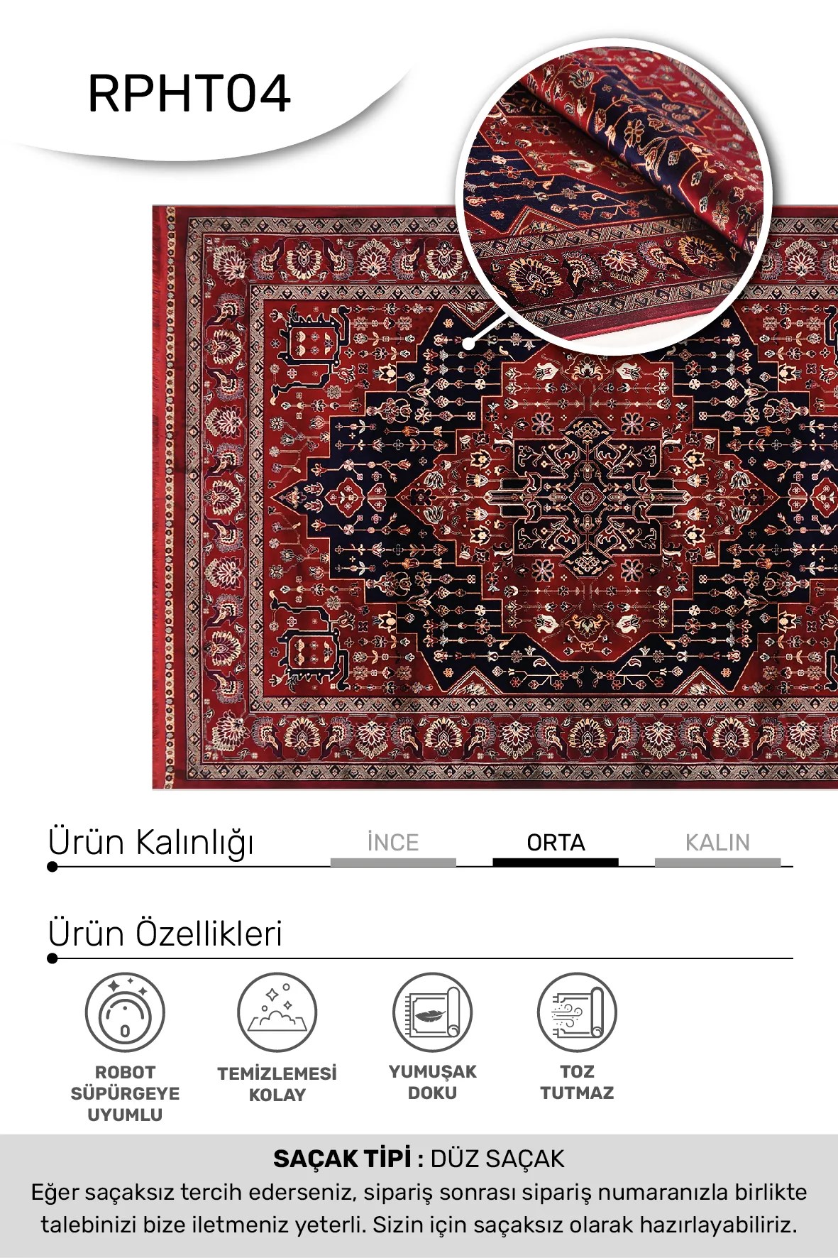 TALYA- Kırmızı / Lacivert - Sabit Ölçü- Oturma Odası,Salon - Robot Süpürgeye Uyumlu-Kolay Temizlenebilir