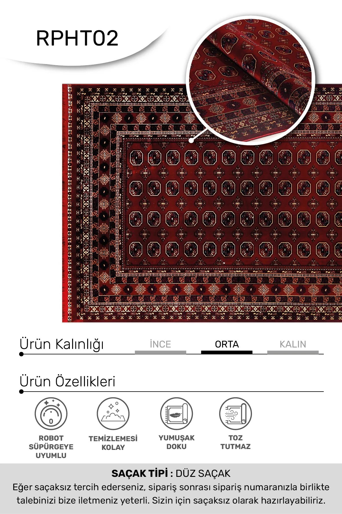 TALYA-Kırmızı - Oturma Odası,Salon - Robot Süpürgeye Uyumlu-Kolay Temizlenebilir