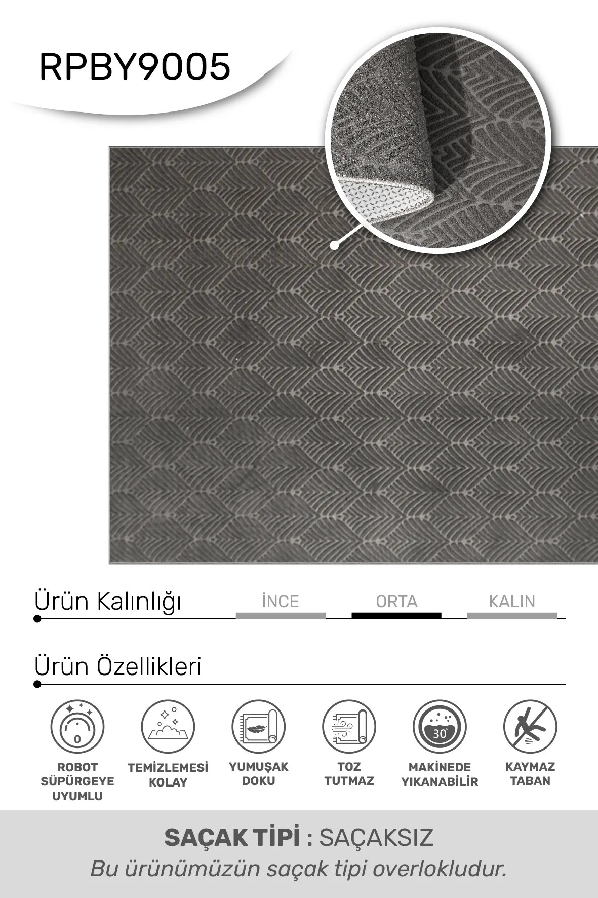 Valen - ANTRASİT-Salon-Oturma Odası-Mutfak-Yıkanabilir-Robot Süpürge-Kaymaz Taban-Modern