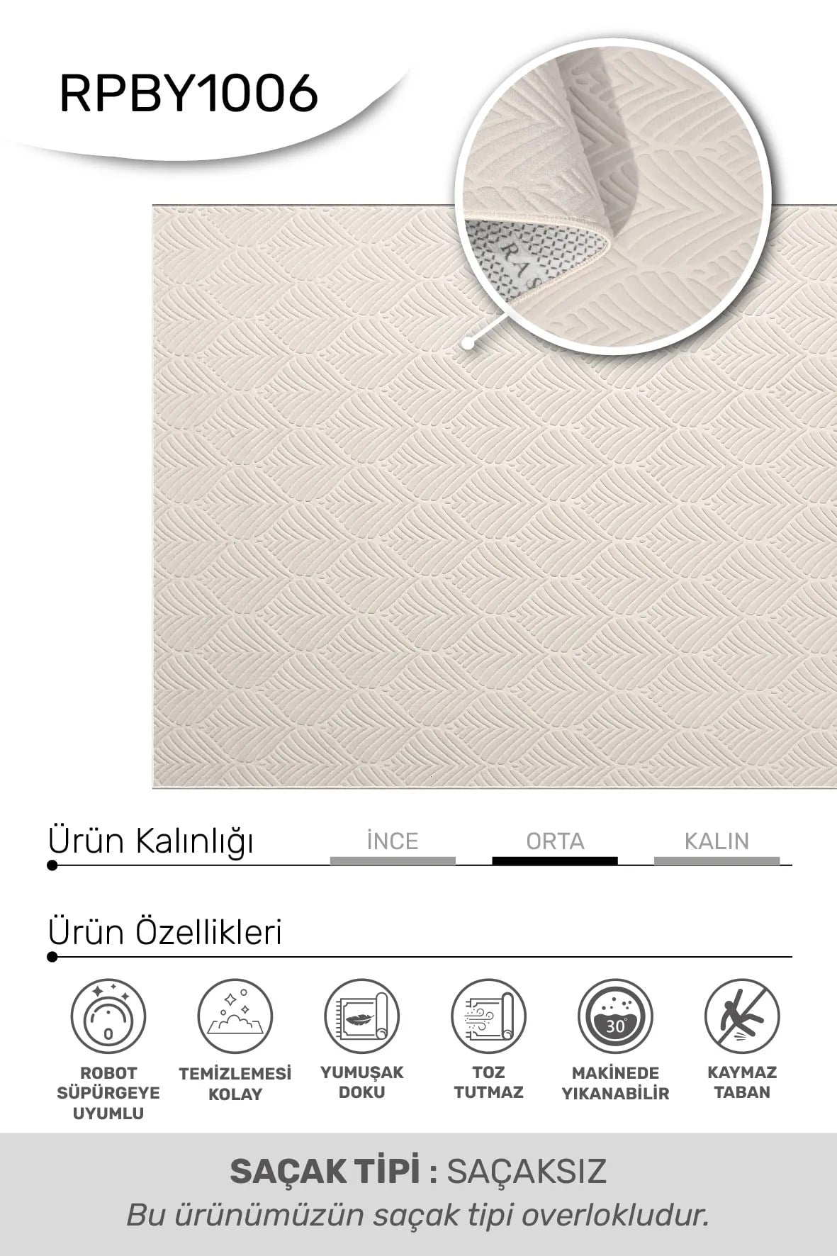 Valen - Beyaz-Salon-Oturma Odası-Mutfak-Yıkanabilir-Robot Süpürge-Kaymaz Taban-Modern