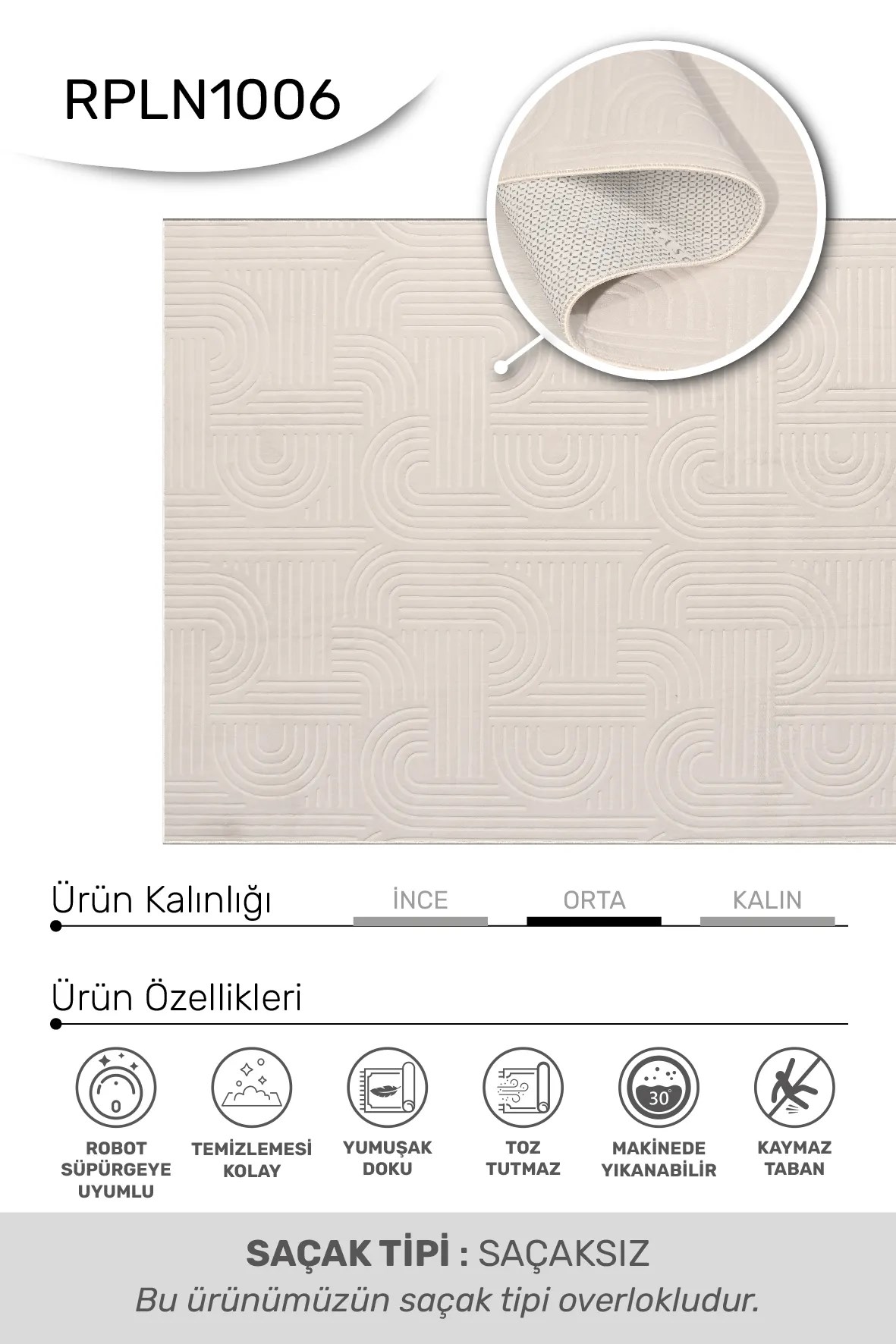 Valen - Beyaz-Salon-Oturma Odası-Mutfak-Yıkanabilir-Robot Süpürge-Kaymaz Taban-Modern