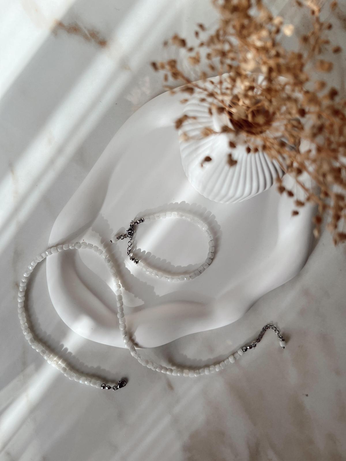 1.Sınıf Kare Kesim Fasetli Aytaşı Kolye ve Bileklik Set(Silver  Zincir)