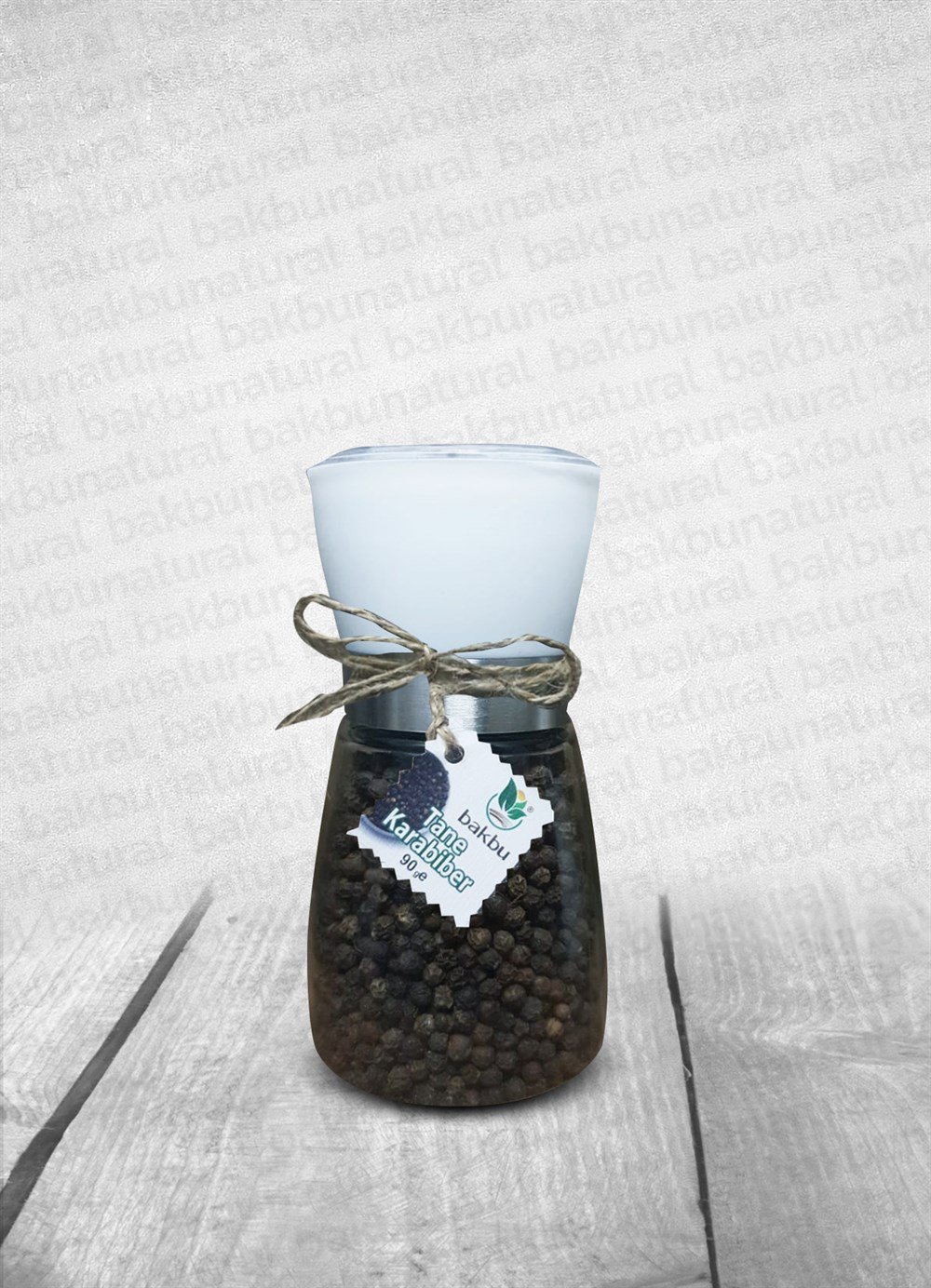 Bakbu Değirmenli Tane Karabiber 90gr Küçük Şişe Beyaz Kapak