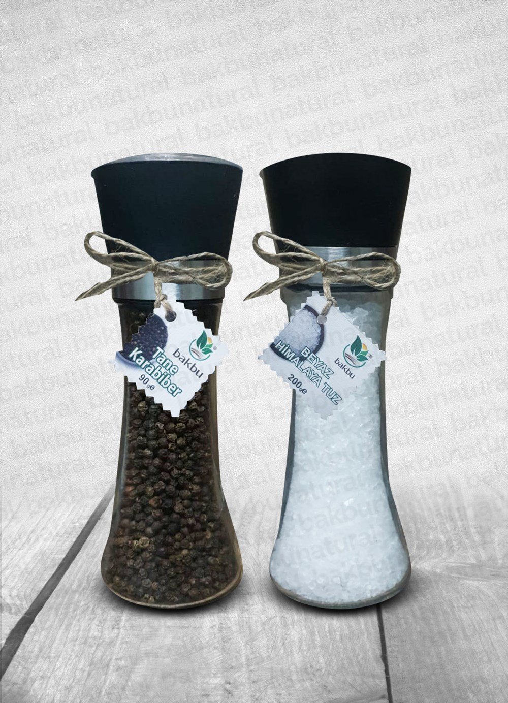 Bakbu Değirmenli Tane Karabiber 90gr Ve Beyaz Himalaya Tuzu 200gr Büyük Boy