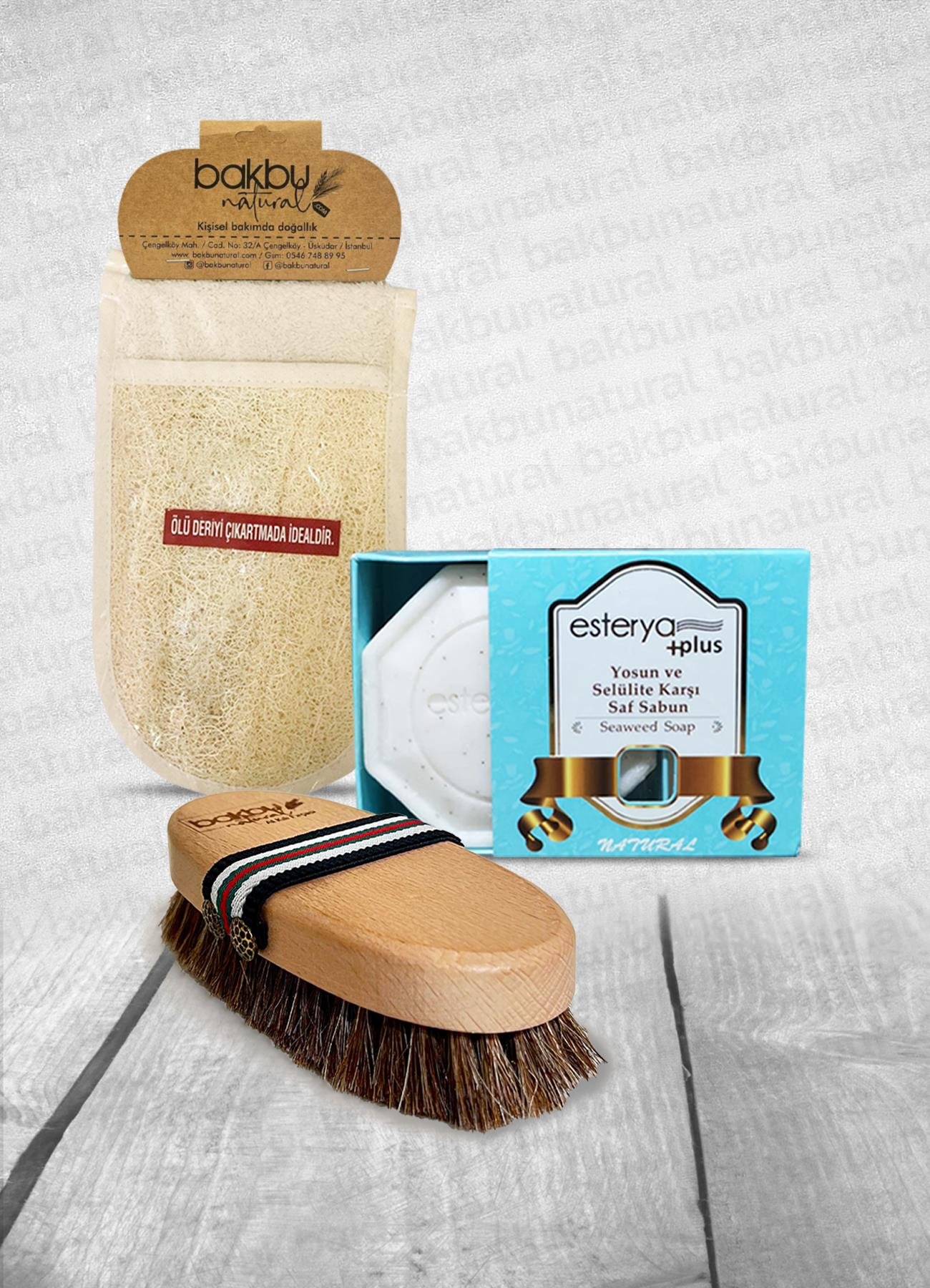 Bakbu Natural Bambu Atkılı Fırçası,El Geçmeli Kabak Lifli Vücut Kesesi ve Esterya Plus Yosun Özlü Selülit Karşıtı Sabun