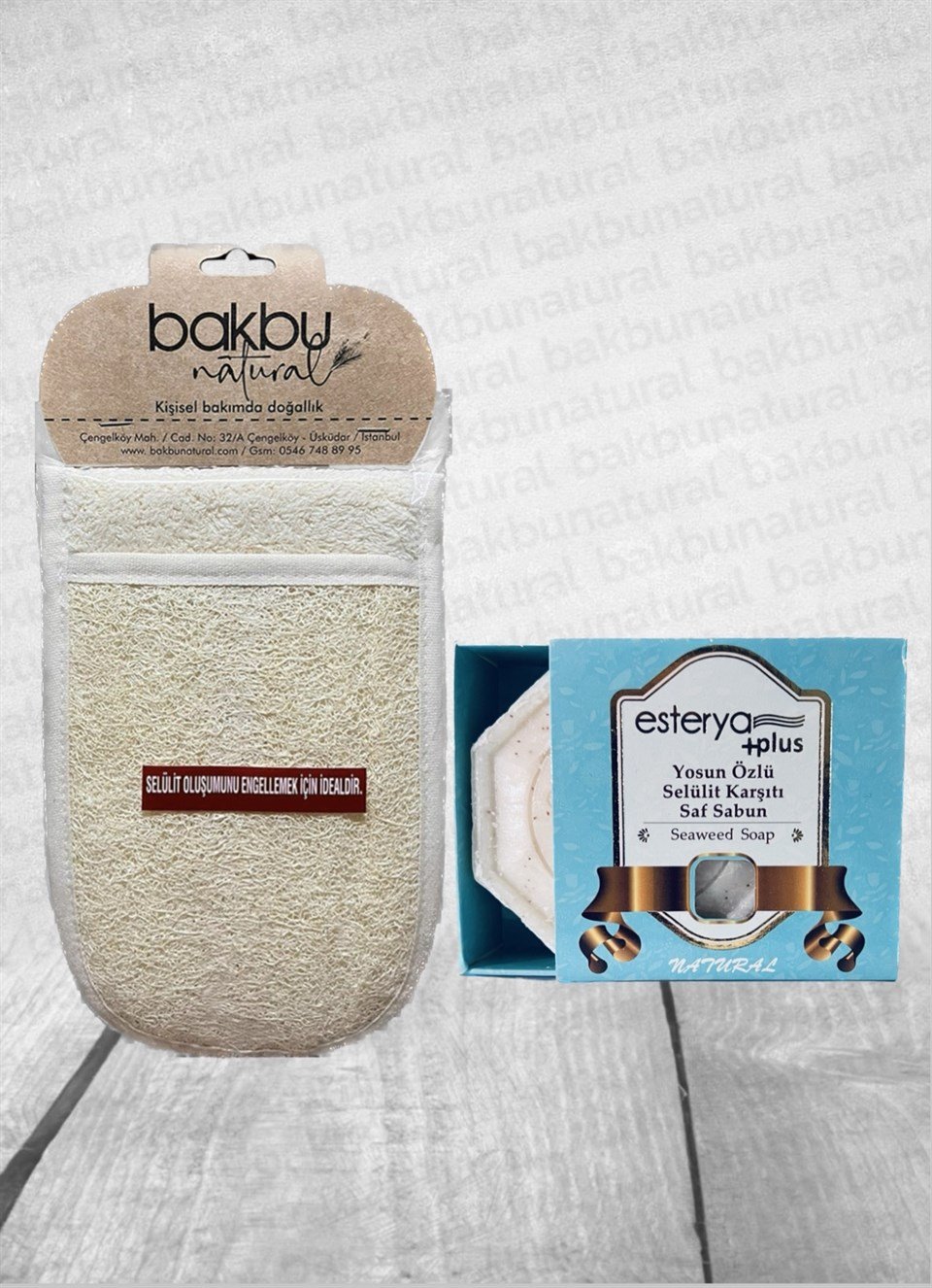 Bakbu Natural Kabaklı Lifli El Geçmeli Vücut Ve Duş Kesesi ve Esterya Plus Yosun Özlü Selülit Karşıtı Sabun