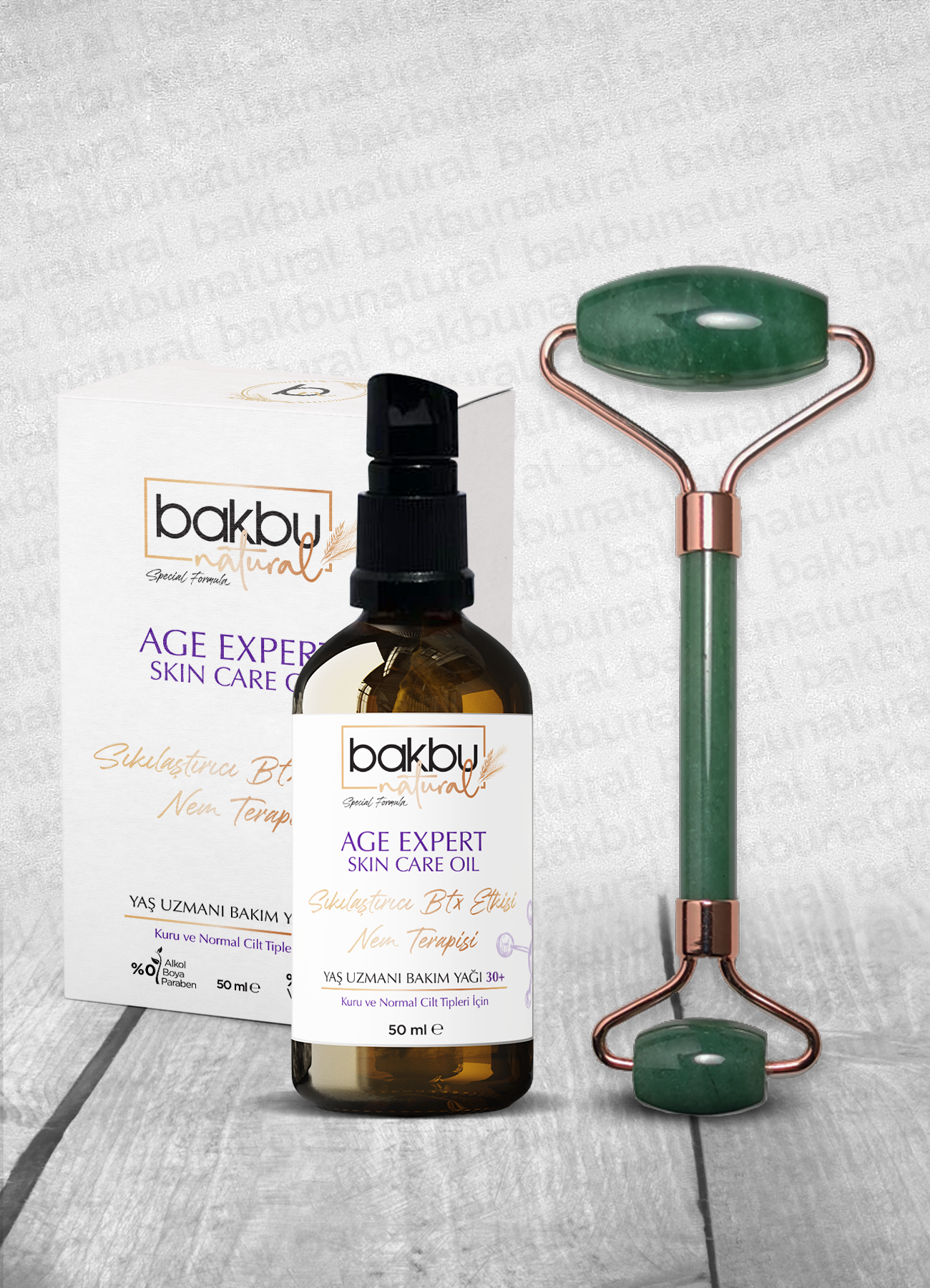 Bakbu Natural Yaş Uzmanı  Anti Aging Etkili Sıkılaştırıcı Yüz Ve Göz Çevresi Boyun Ve Dekolte Bölgesi Bakımında Etkili  Bakım Yağı Ve Aveturin Face Roller Masaj Taşı