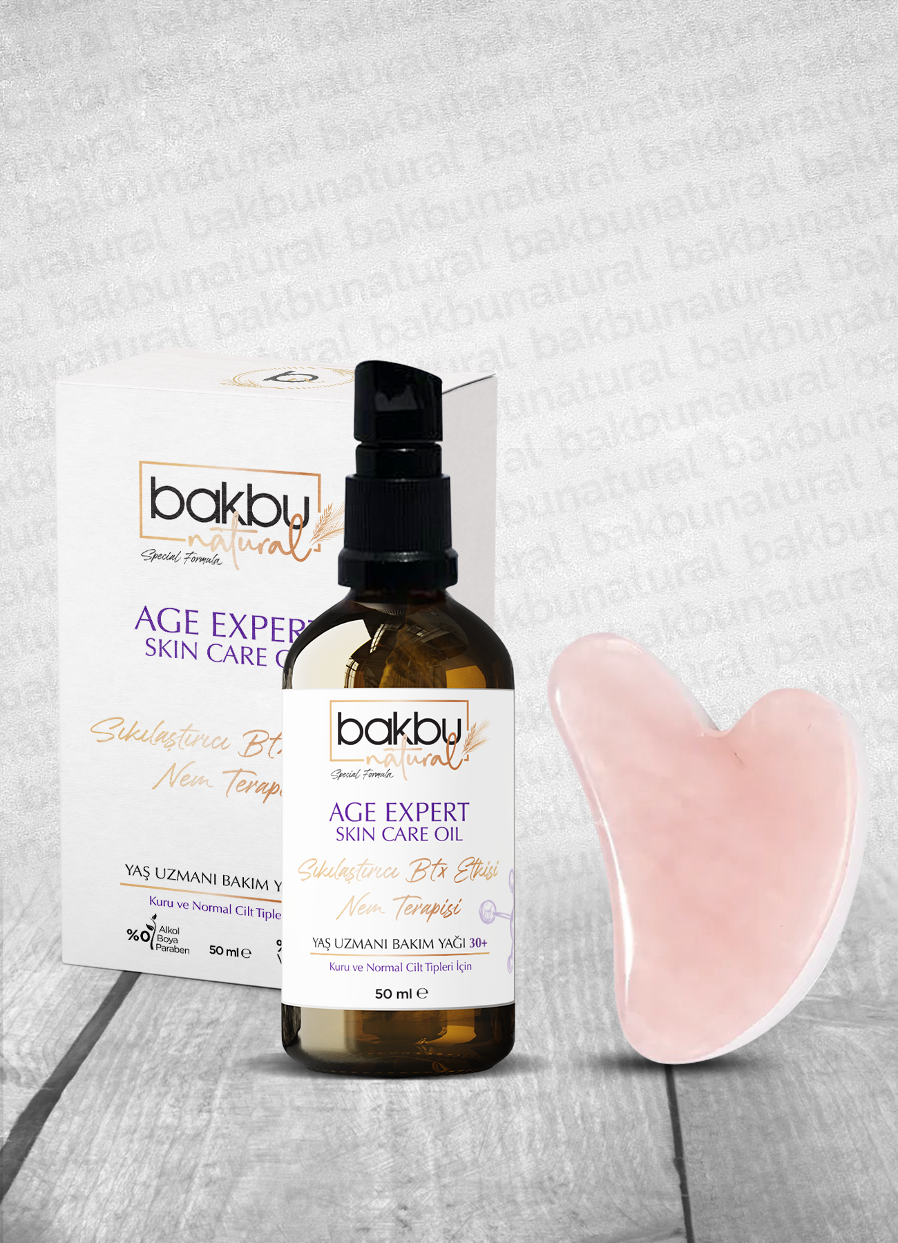 Bakbu Natural Yaş Uzmanı  Anti Aging Etkili Sıkılaştırıcı Yüz Ve Göz Çevresi Boyun Ve Dekolte Bölgesi Bakımında Etkili  Bakım Yağı Ve Pembe Kuvars Guasha Masaj Taşı