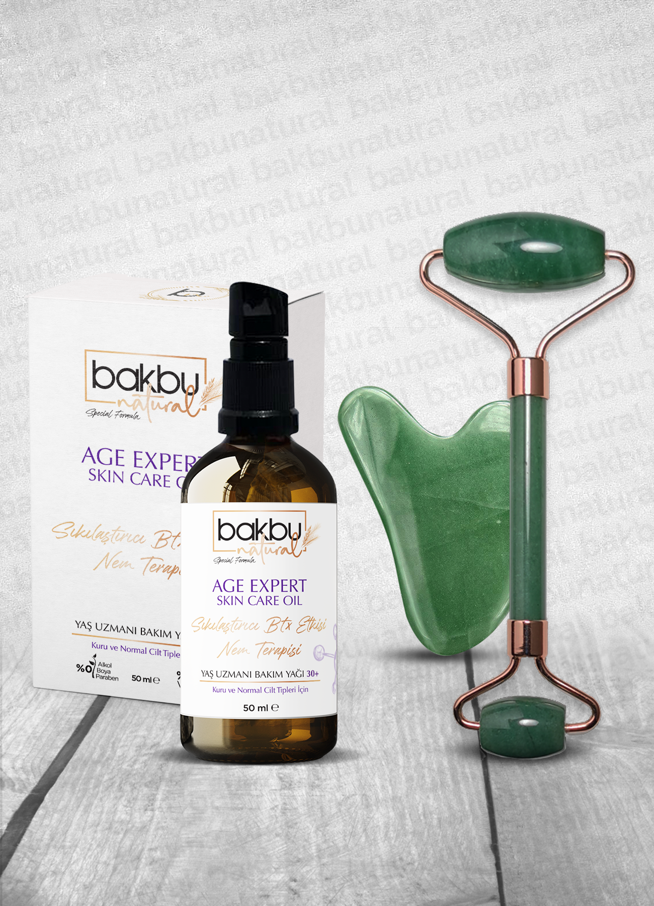 Bakbu Natural Yaş Uzmanı  Anti Aging Etkili Sıkılaştırıcı Yüz Ve Göz Çevresi Boyun Ve Dekolte Bölgesi Bakımında Etkili  Bakım Yağı, Aveturin Guasha Masaj Taşı Ve Face Roller Masaj Taşı