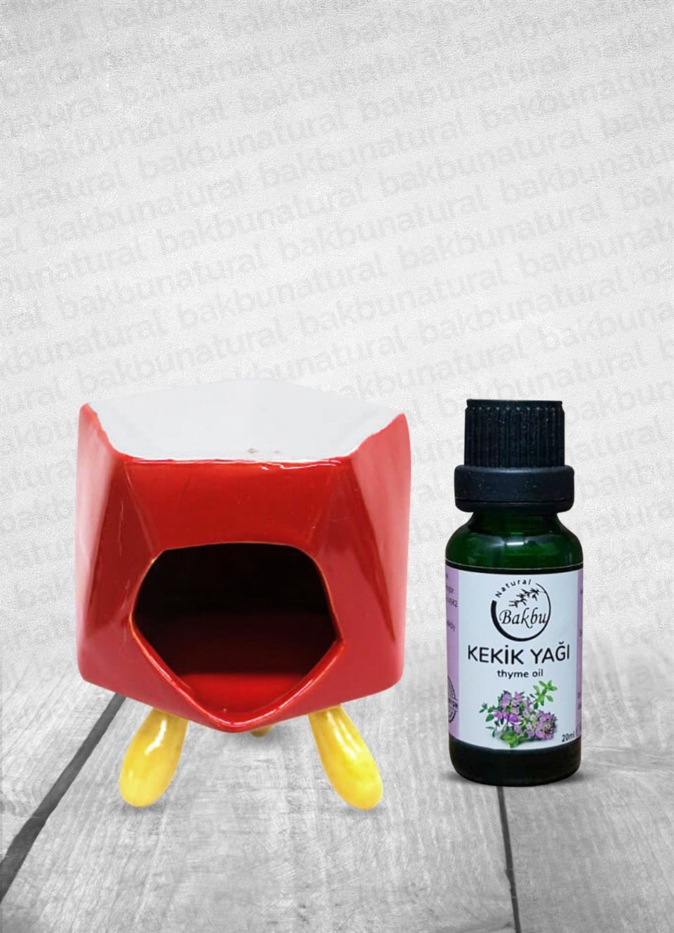 Bakbunatural Bambu Ayaklı Kırmızı Porselen Buhurdanlık Ve Kekik Yağı 20Ml