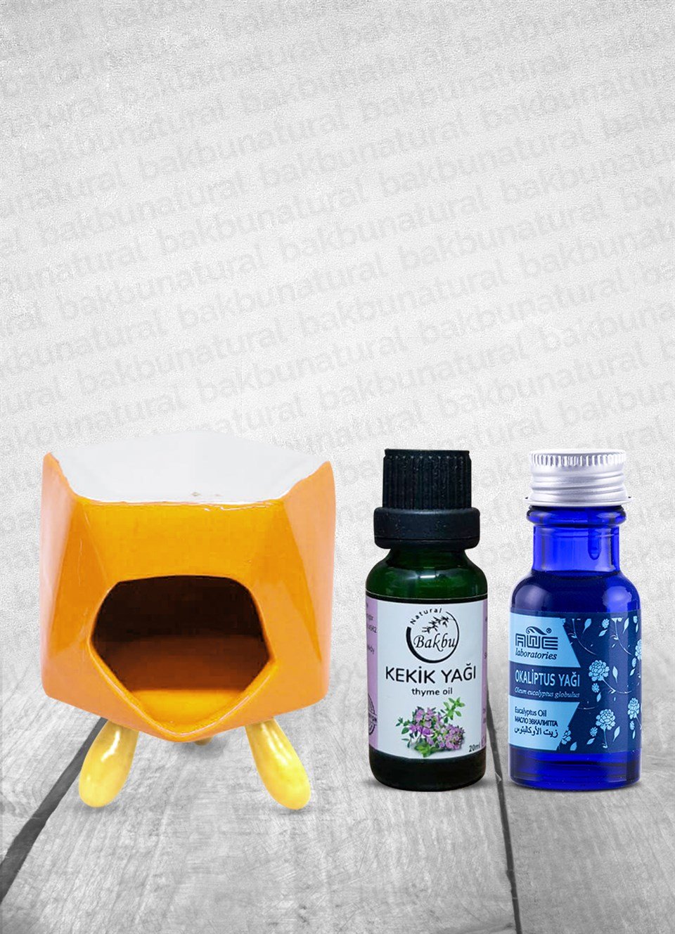 Bakbunatural Bambu Ayaklı Turuncu Porselen Buhurdanlık Okaliptus Yağı 15Ml  Kekik Yağı 20Ml