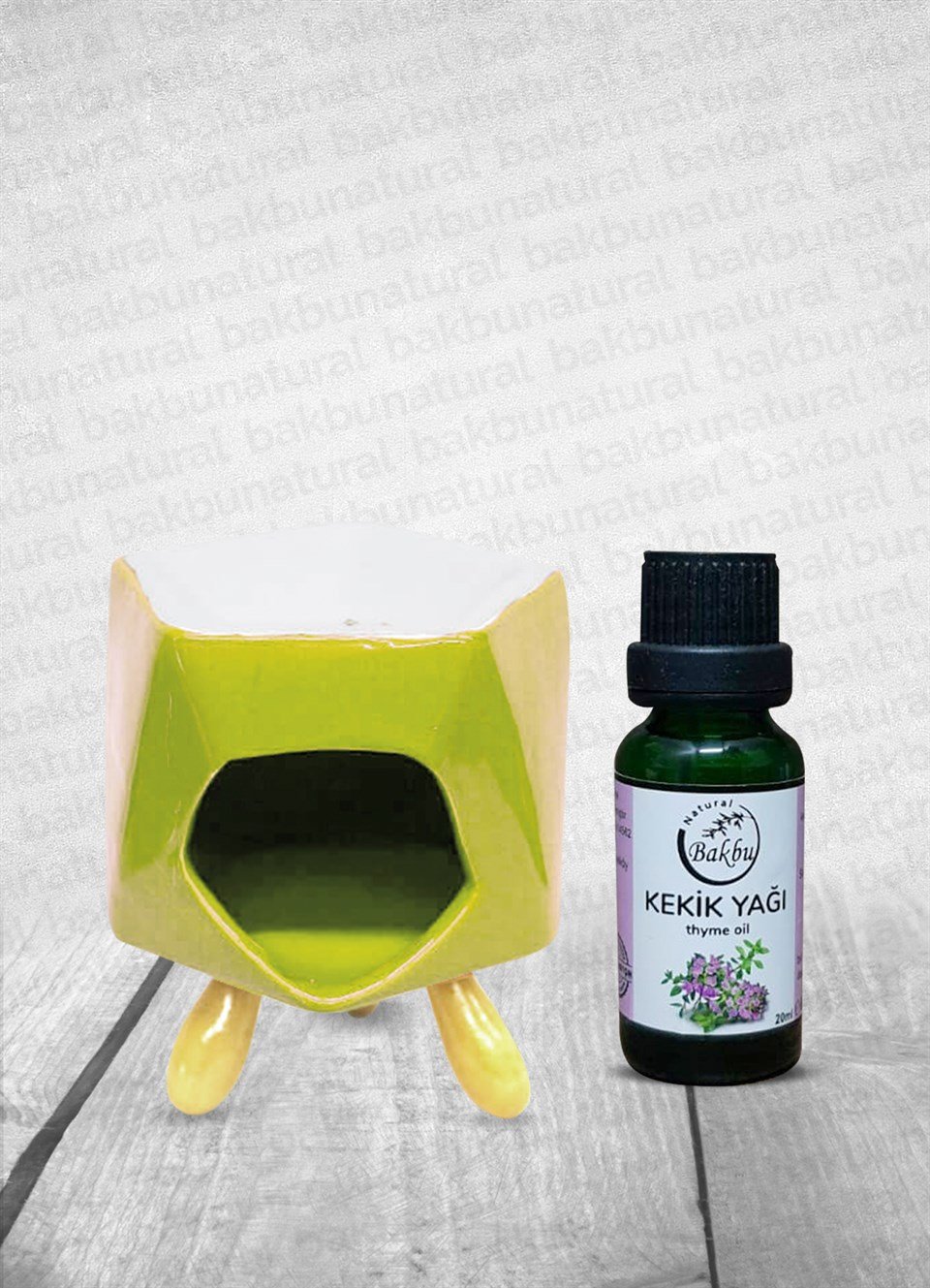 Bakbunatural Bambu Ayaklı Yeşil Porselen Buhurdanlık Ve Kekik Yağı 20Ml