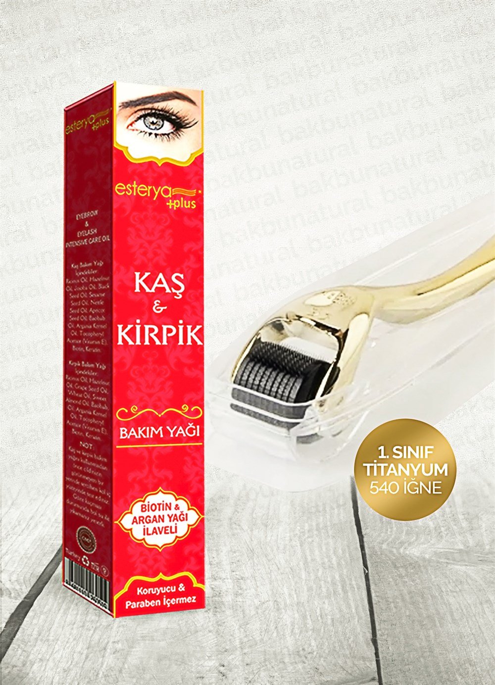 Esterya Plus Kaş&Kirpik Bakım Yağı ve 1. Sınıf Titanyum İğneli Altın Kaplama Dermaroller 0,50 mm 2'li Set 