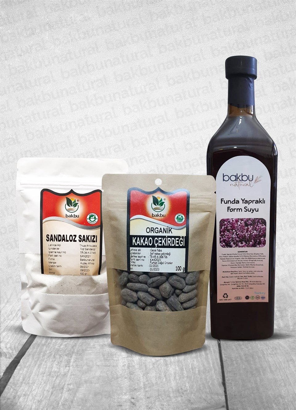 Funda Yapraklı Form Suyu 1 lt , Kakao Çekirdeği 100 gr ve Sandaloz Sakızı 100 gr