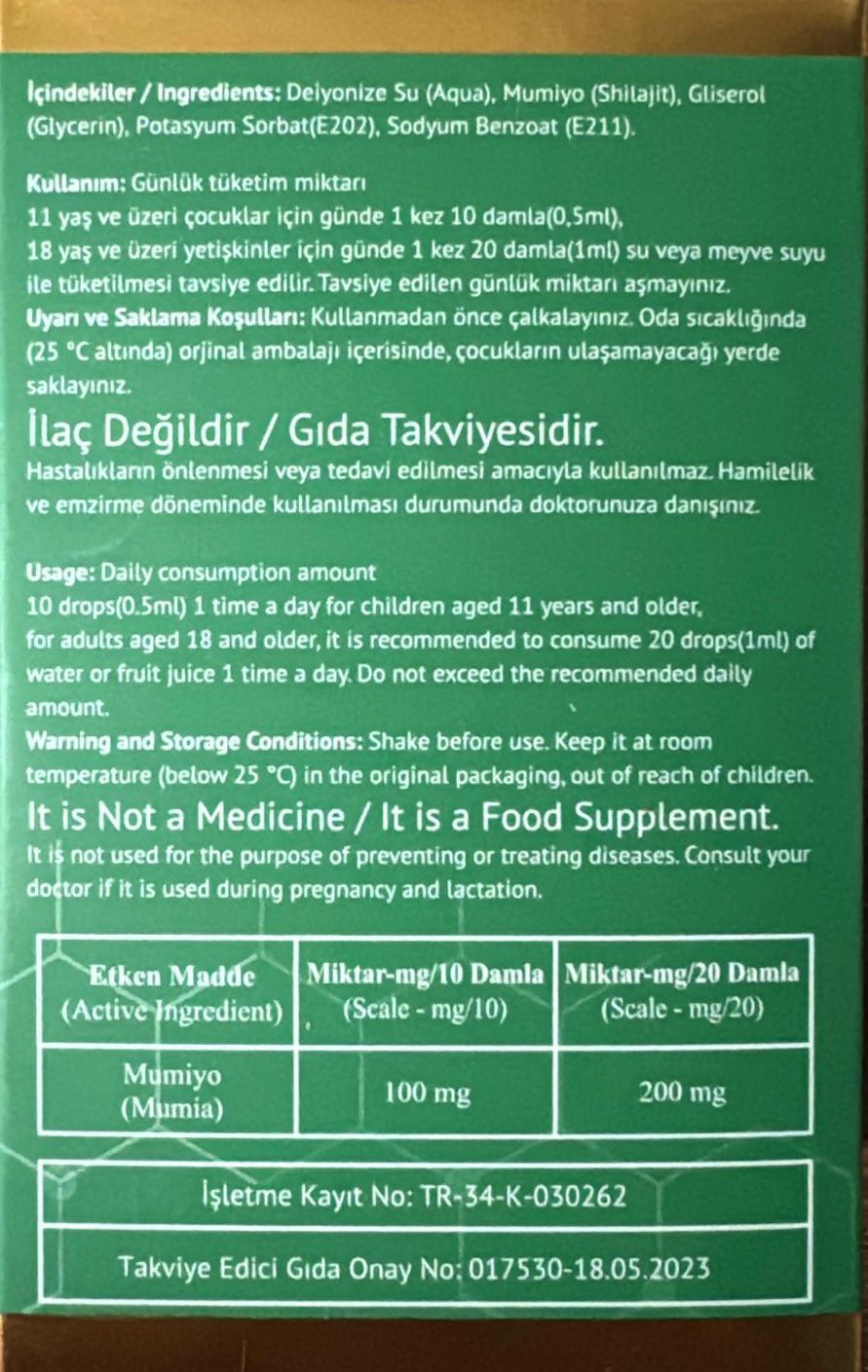Mumia Ekstraktı Mumiyo'lu  Takviye Edici Gıda 30 ml  2'Li (30Mlx2 ) Ve Dr Ender Saraç Mumiyo Kitabı