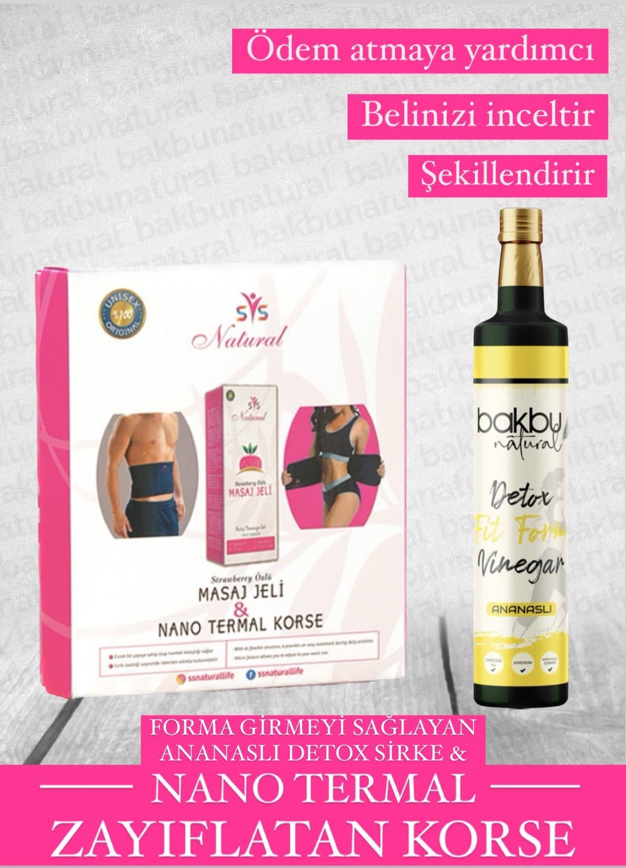 Ssnatural Nano Termal Korse,Strawberry Özlü İnceltici Sıkılaştırıcı Selülit Giderici Masaj Jeli 250 Ml ve Bakbu Ananaslı Detox Sirke