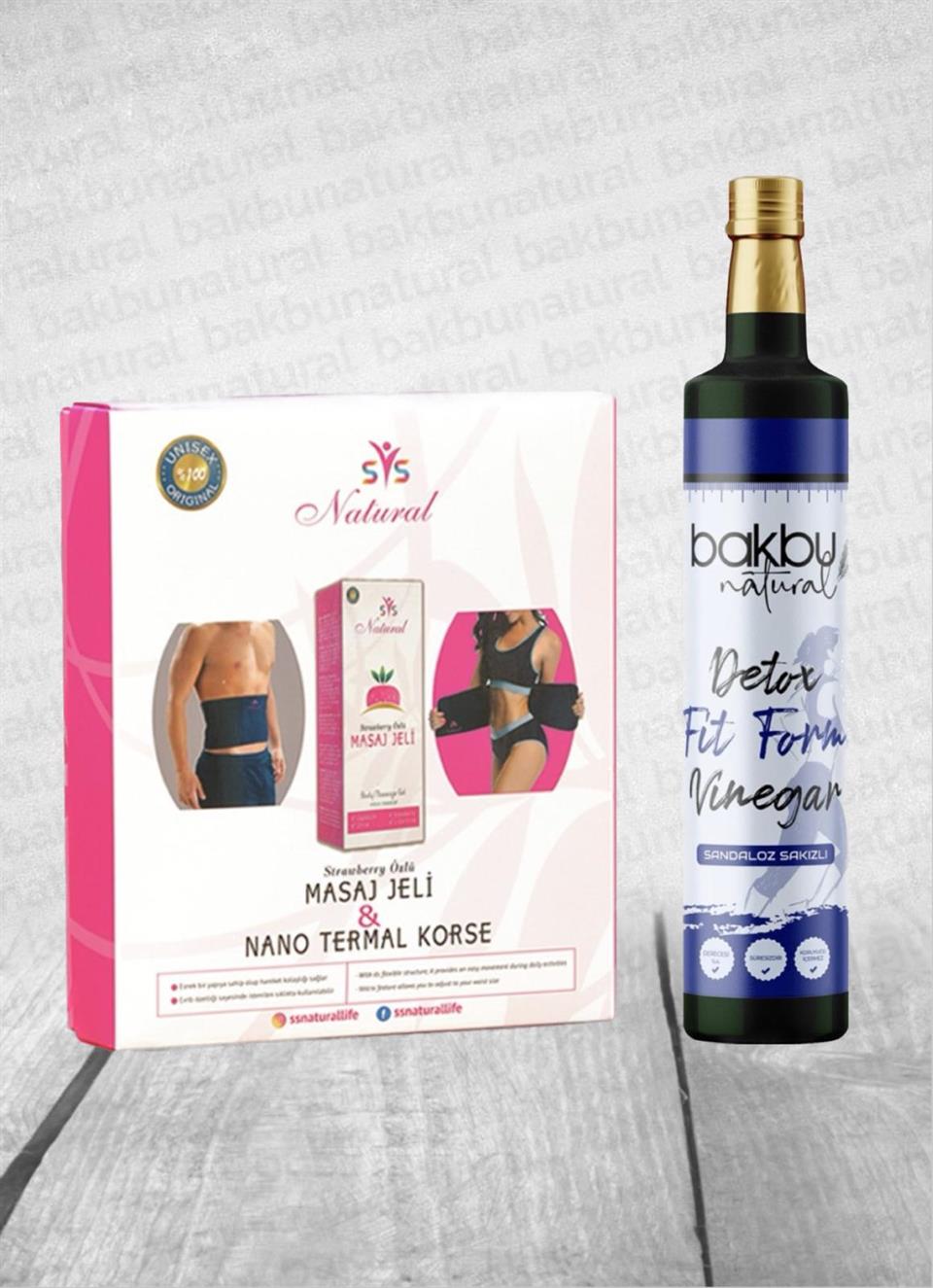 Ssnatural Nano Termal Korse,Strawberry Özlü İnceltici Sıkılaştırıcı Selülit Giderici Masaj Jeli 250 Ml ve Bakbk Natural Sandaloz Sakızlı Detox Sirke