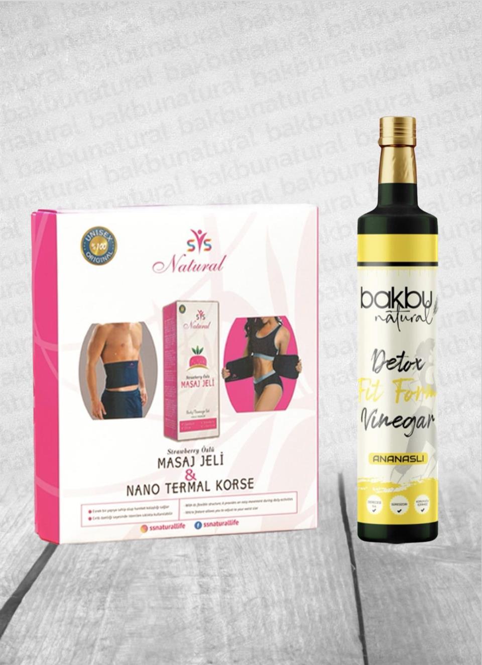 Ssnatural Nano Termal Korse,Strawberry Özlü İnceltici Sıkılaştırıcı Selülit Giderici Masaj Jeli 250 Ml ve Bakbu Ananaslı Detox Sirke
