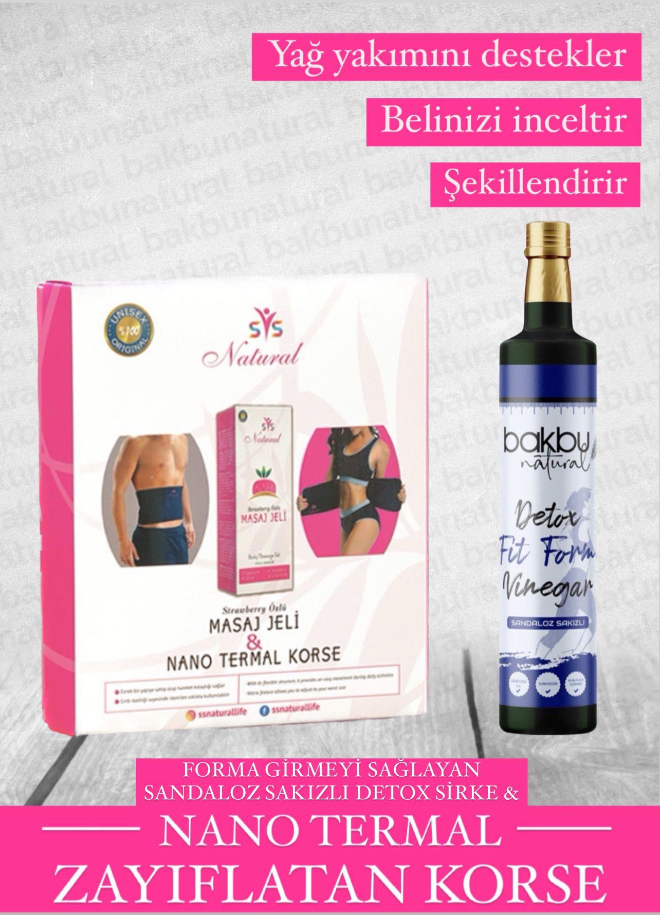 Ssnatural Nano Termal Korse,Strawberry Özlü İnceltici Sıkılaştırıcı Selülit Giderici Masaj Jeli 250 Ml ve Bakbu Sandaloz Sakızlı Detox Sirke