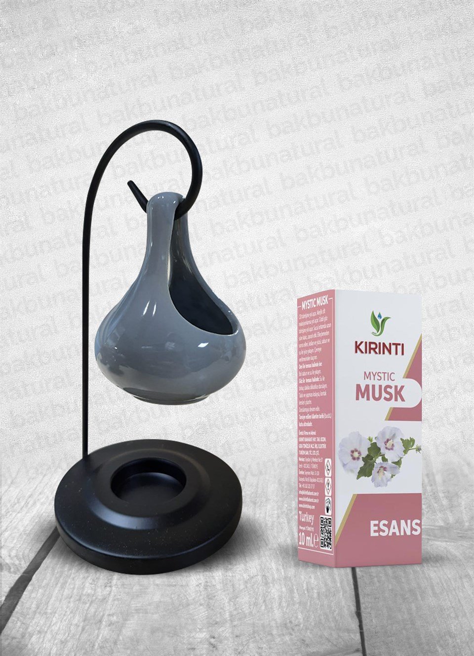 Standlı Seramik Buhurdanlık Ve Kırıntı Musk Esans 10 Ml (Gri)