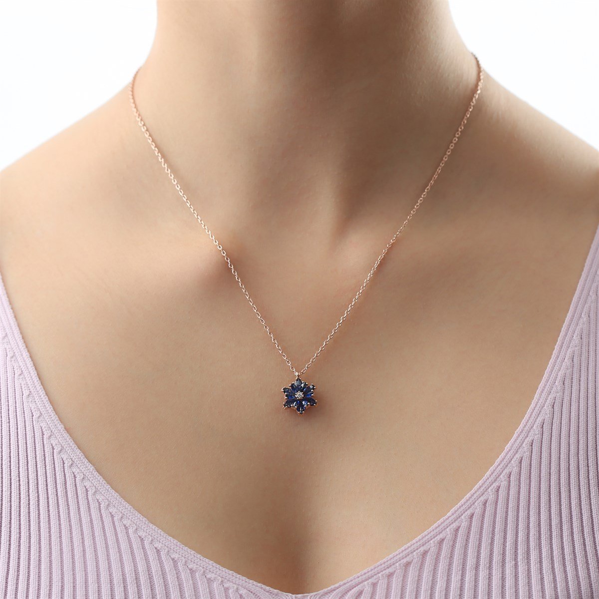 Gümüş Lacivert Taşlı Lotus Çiçeği Kolye Yüzük Mini Set