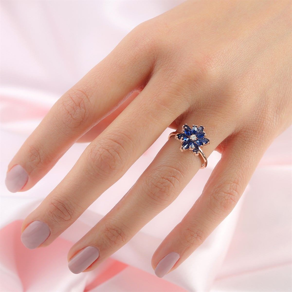Gümüş Lacivert Taşlı Lotus Çiçeği Kolye Yüzük Mini Set