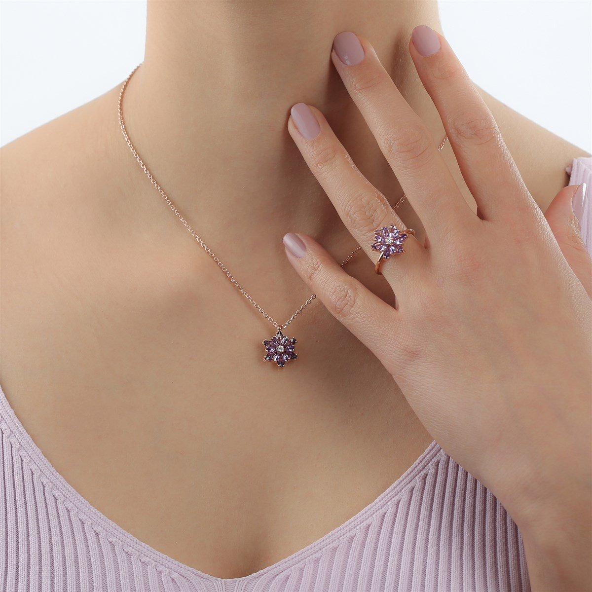Gümüş Mor Taşlı Lotus Çiçeği Kolye Yüzük Mini Set