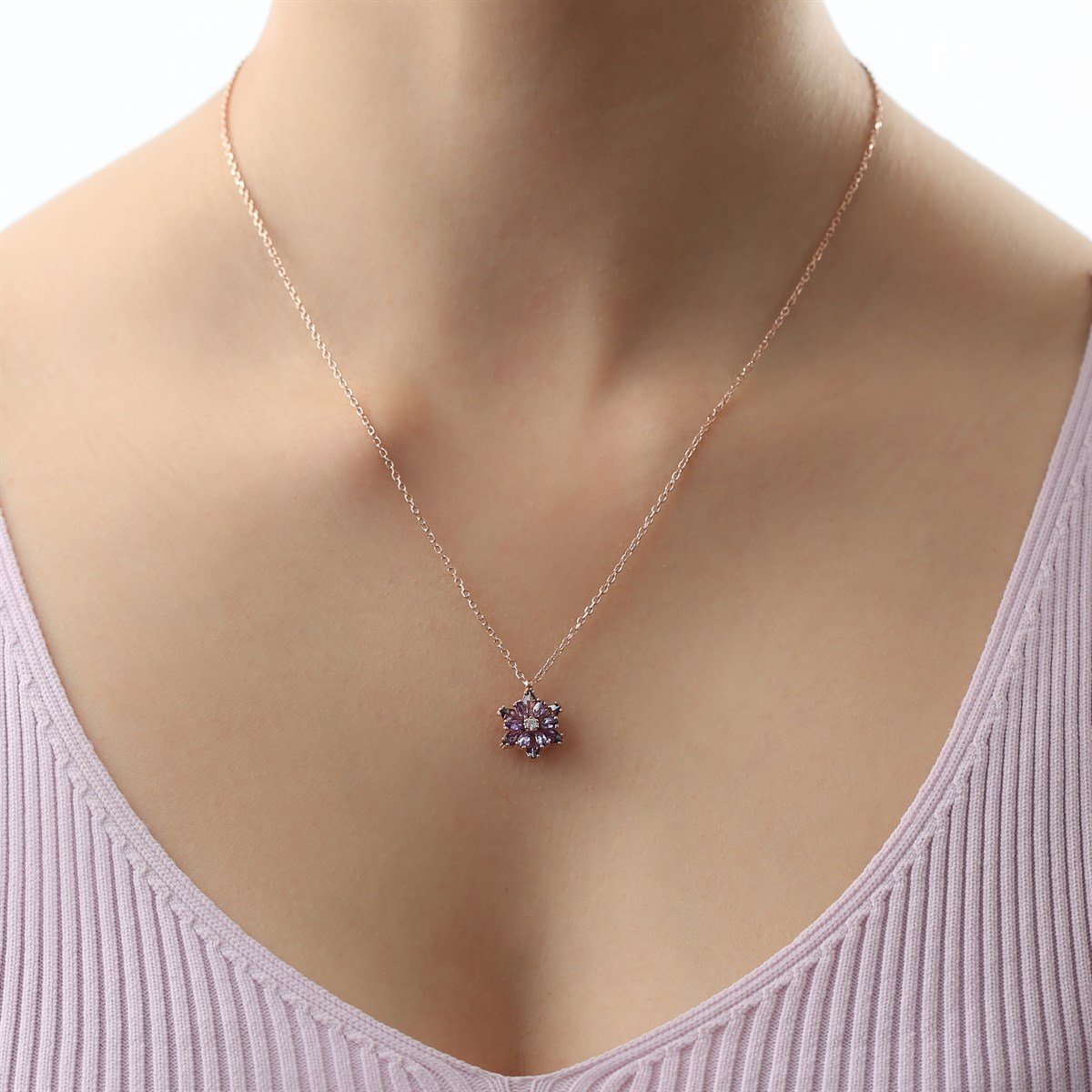 Gümüş Mor Taşlı Lotus Çiçeği Kolye Yüzük Mini Set