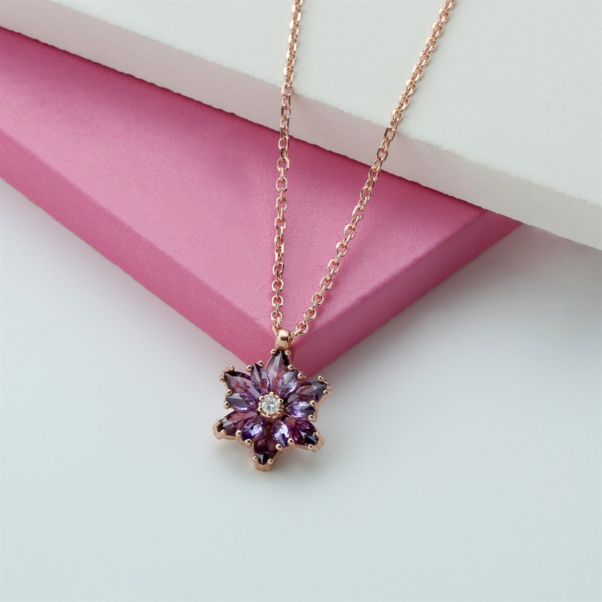 Gümüş Mor Taşlı Lotus Çiçeği Kolye Yüzük Mini Set